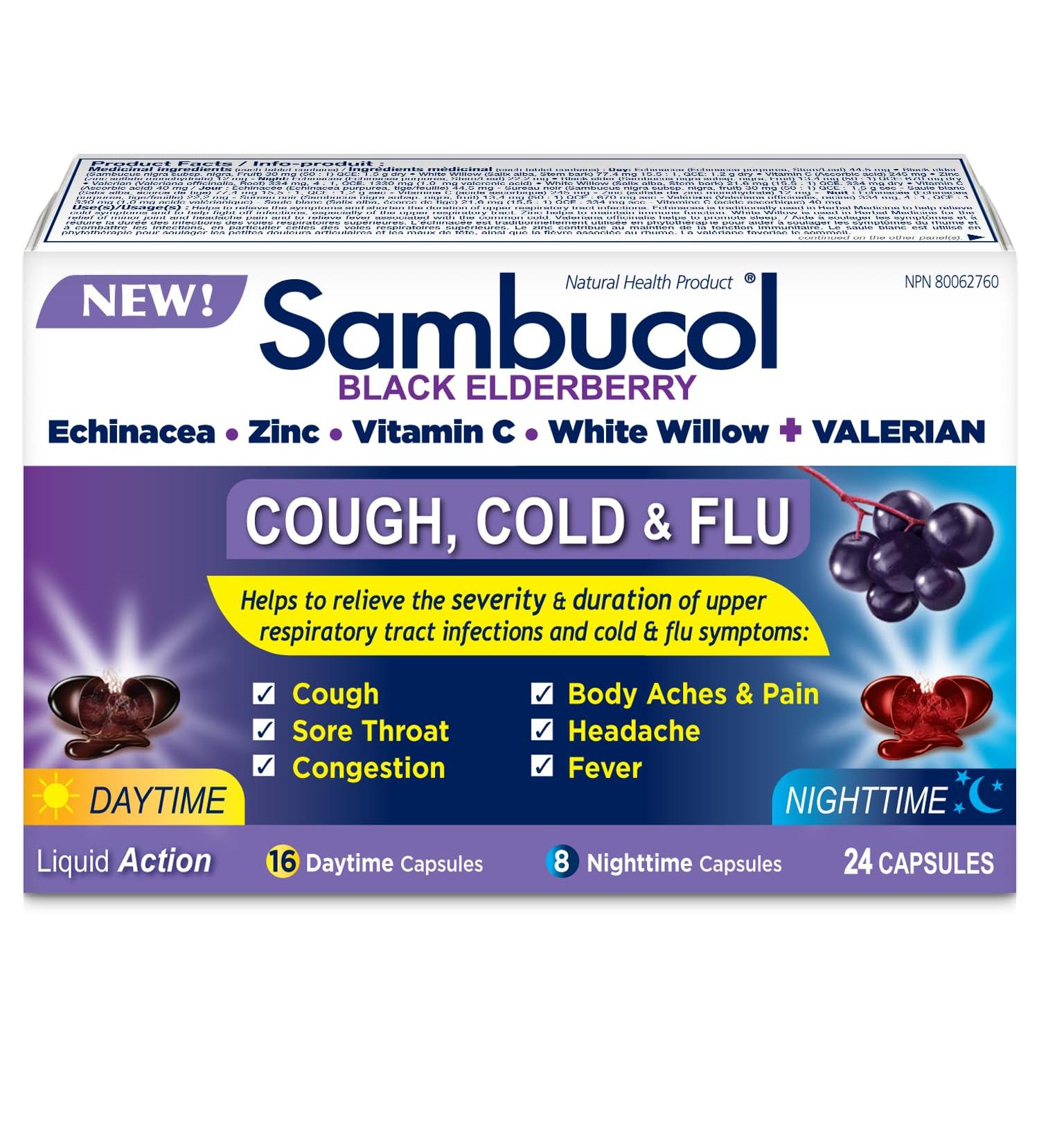 Sambucol Black Elderberry Cough Cold and Flu Day/Night| Helps Relieve Congestion Fever Sore Throat & Head Pain | Black Elderberry White Willow| 24 Hard Capsules (18 Day/6 Night) - Buy Online on SooperMarket.com