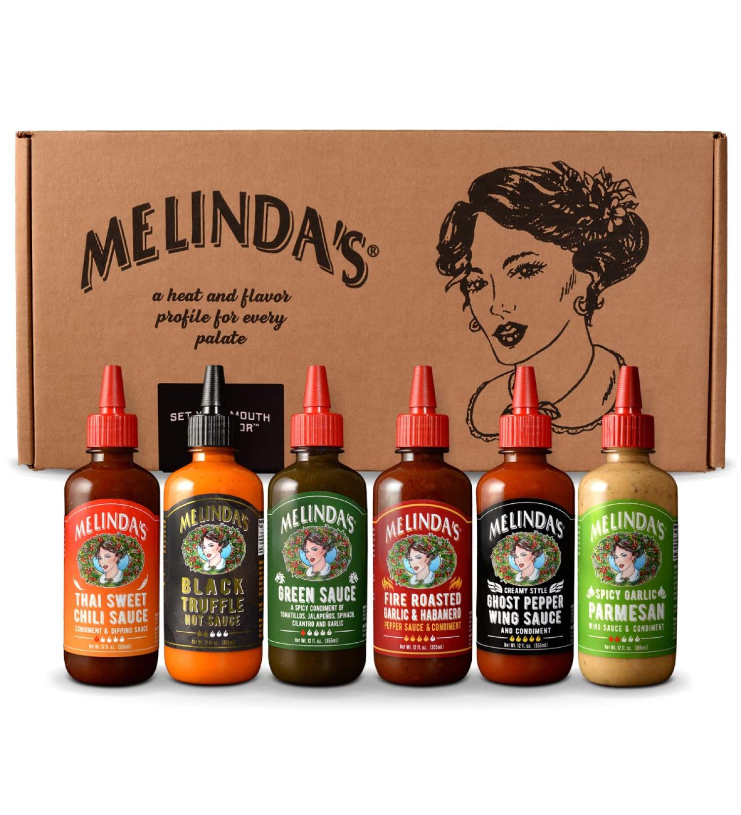 Melinda's Craft Pepper Sauce Gift Set - Black Truffle, Thai Sweet Chili, Roasted Garlic & Habanero, Ghost Pepper, Spicy Garlic Parmesan - 12 oz, 6 Pack - Buy Online on SooperMarket.com