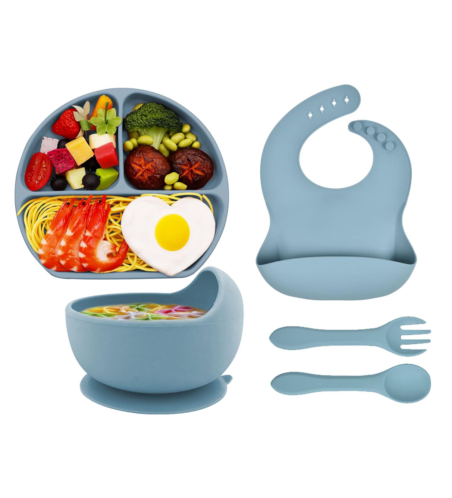 Hoseay 5 Pcs Silicone Baby Weaning Set with Suction Bowl, Plate, Fork, Spoon & Bib - Blue | Baby Led Weaning Feeding Supplies for Kids - Buy Online on SooperMarket.com