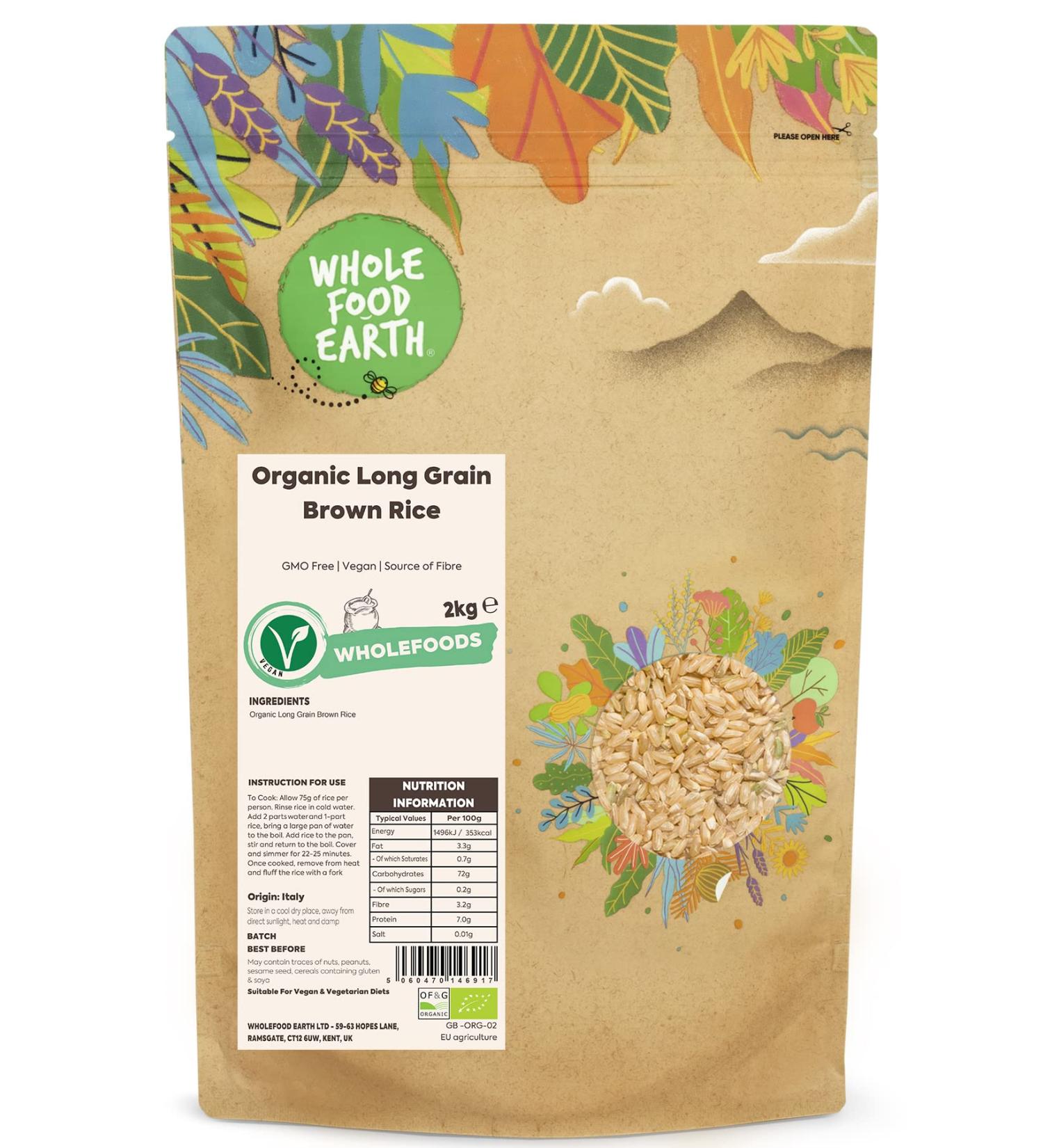 Wholefood Earth Organic Long Grain Brown Rice 2kg - GMO Free, Vegan, Source of Fibre | Certified Organic - Buy Online on SooperMarket.com