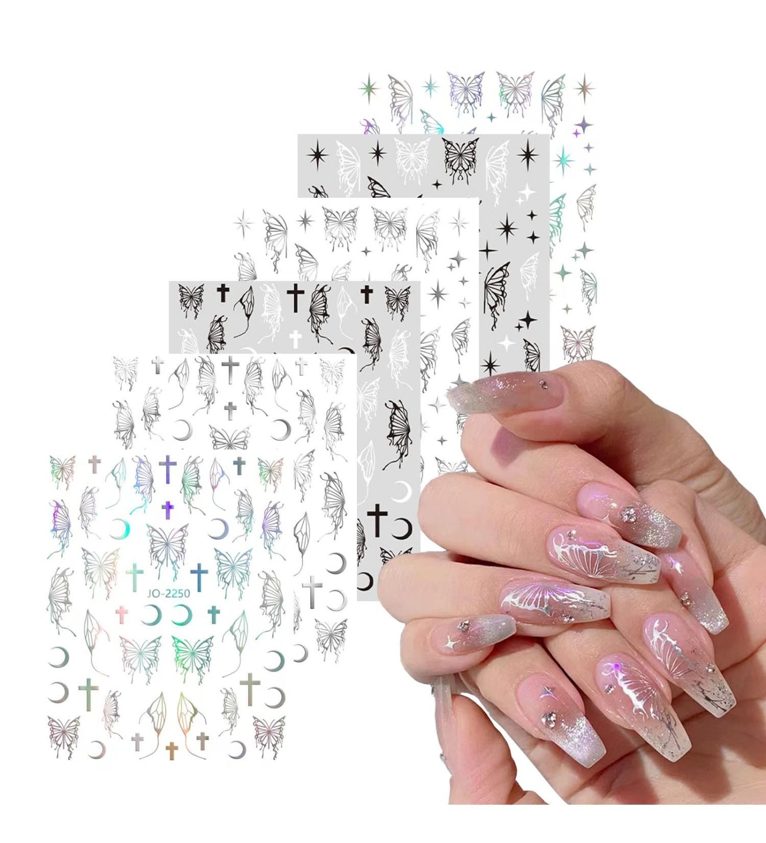 Eseres 3D Self-Adhesive Butterfly Nail Stickers - Metallic Laser Silver Black - DIY Nail Decals for Women - 6 Sheets - Buy Online on SooperMarket.com