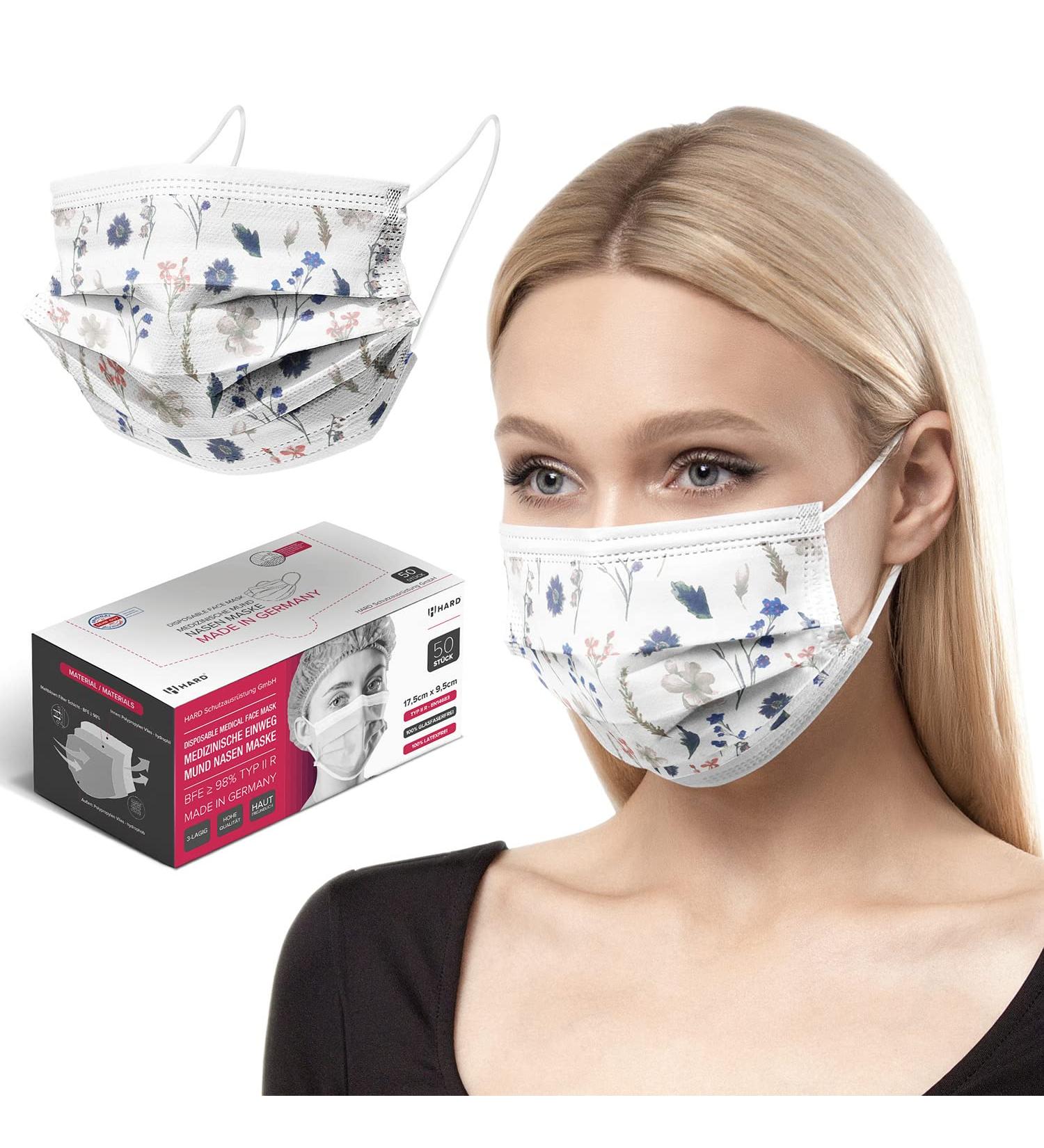 HARD 100 Piece Disposable Face Masks | Made in Germany | CE Certified | Triple Layer Filtration | Floral Design | Elastic Earloops | Adults | 17.5cm x 9.5cm - Buy Online on SooperMarket.com