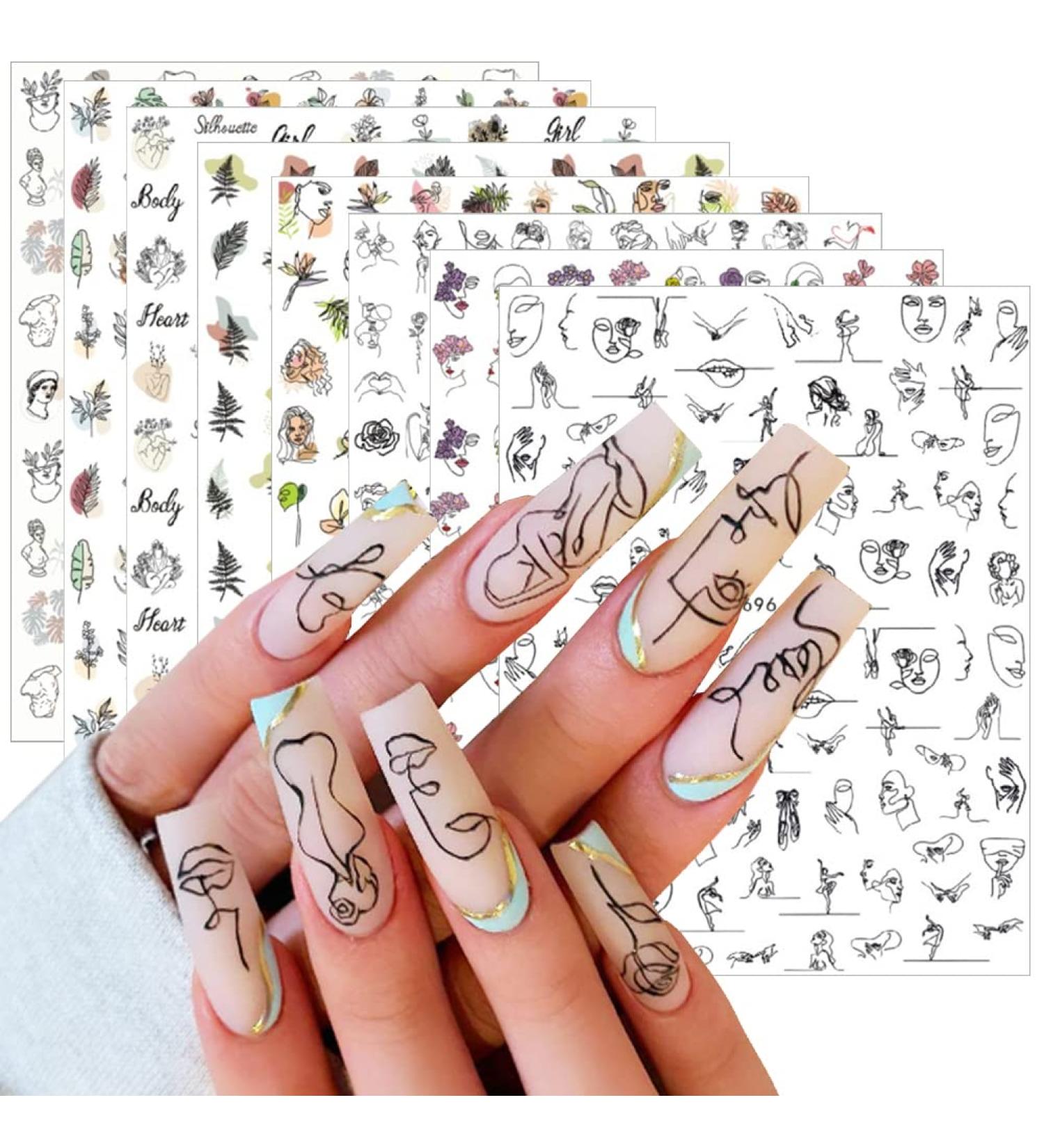 8 Sheets Abstract Face 3D Nail Art Stickers - Self-Adhesive Decals for DIY Manicure - Designer French Nail Stickers for Women and Girls - Buy Online on SooperMarket.com