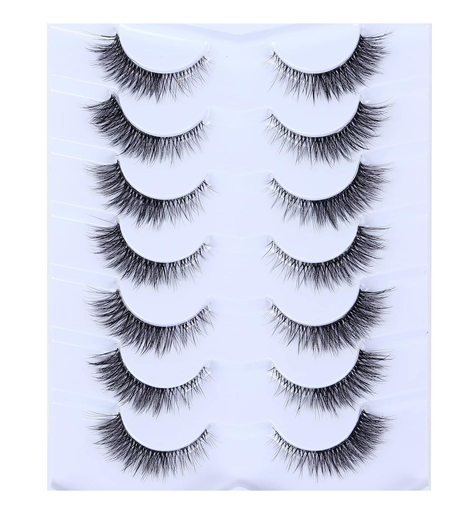 Wleec Beauty Short False Eyelashes set - 7 Pairs of 12mm Wispy Fluffy 3D Faux Mink Lashes for Natural Cat Eye Look | Clear Band | CC95 - Buy Online on SooperMarket.com