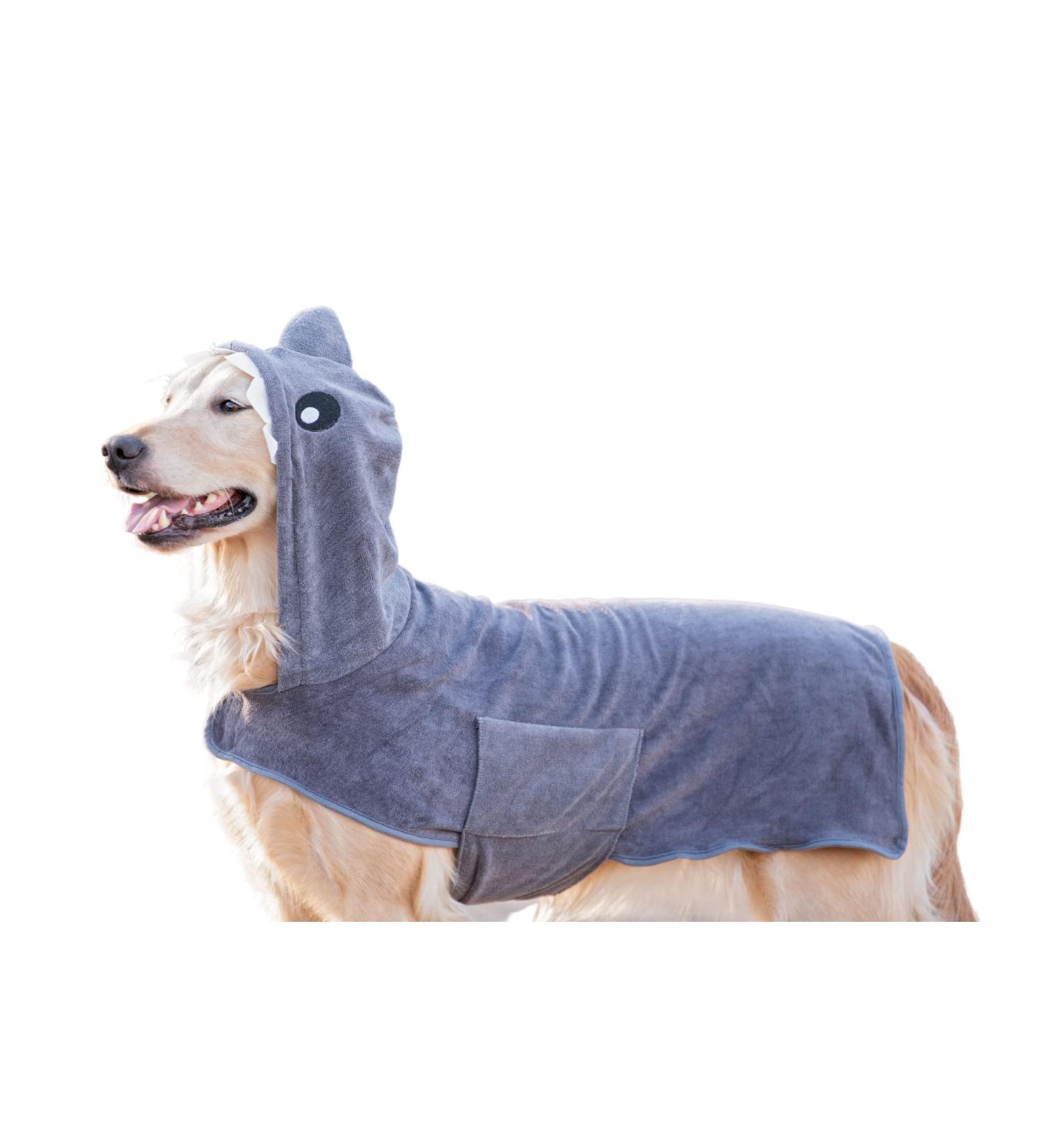 BoxDog Wearable Microfiber Dog Towel with Shark Hoodie | Soft Dog Bathrobe (Large Grey Shark) - Buy Online on SooperMarket.com