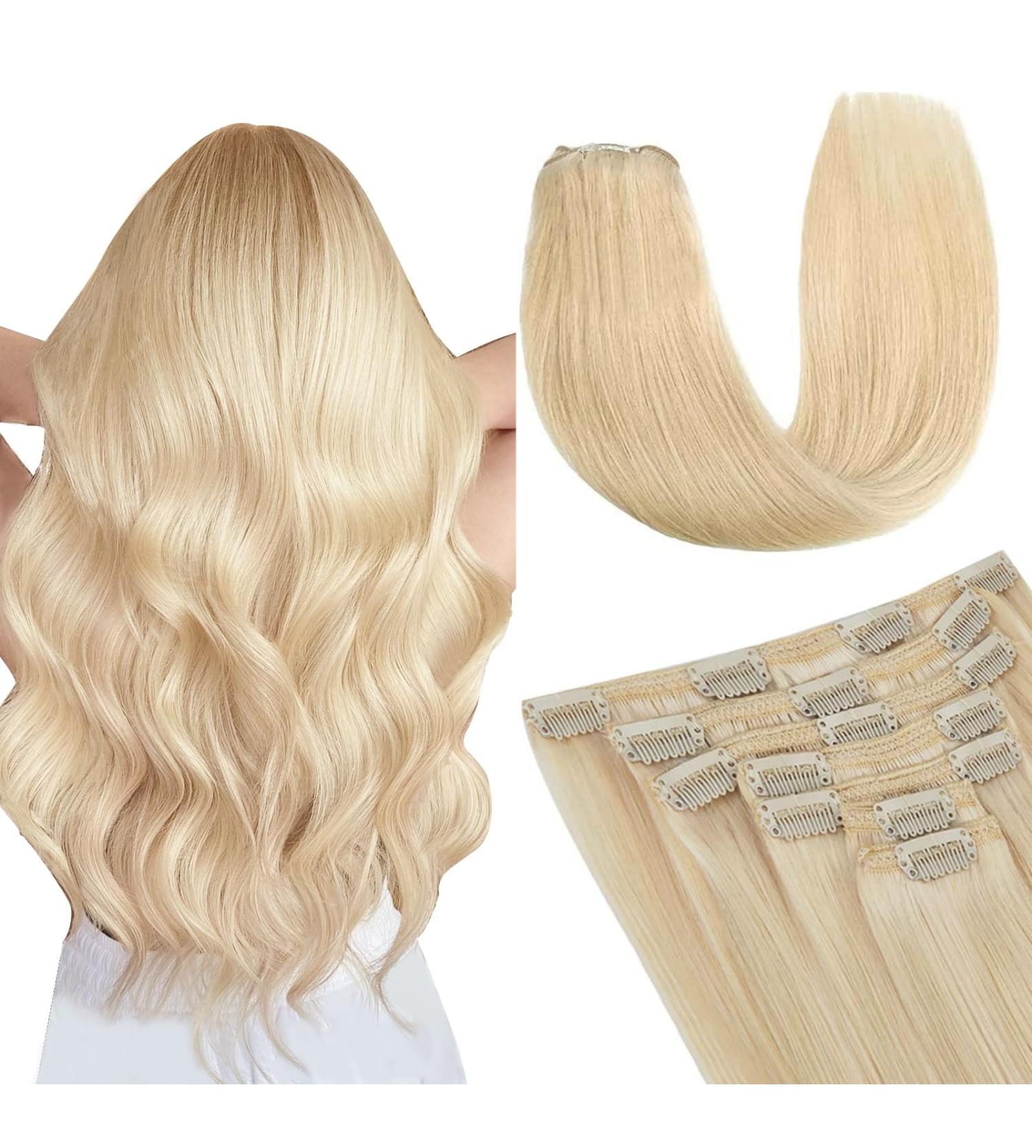 Vlasy Clip in Human Hair Extensions 16 Light Blonde - 7 Pieces Seamless Thick Weft Real Hair Extensions for Women - 80g - Buy Online on SooperMarket.com