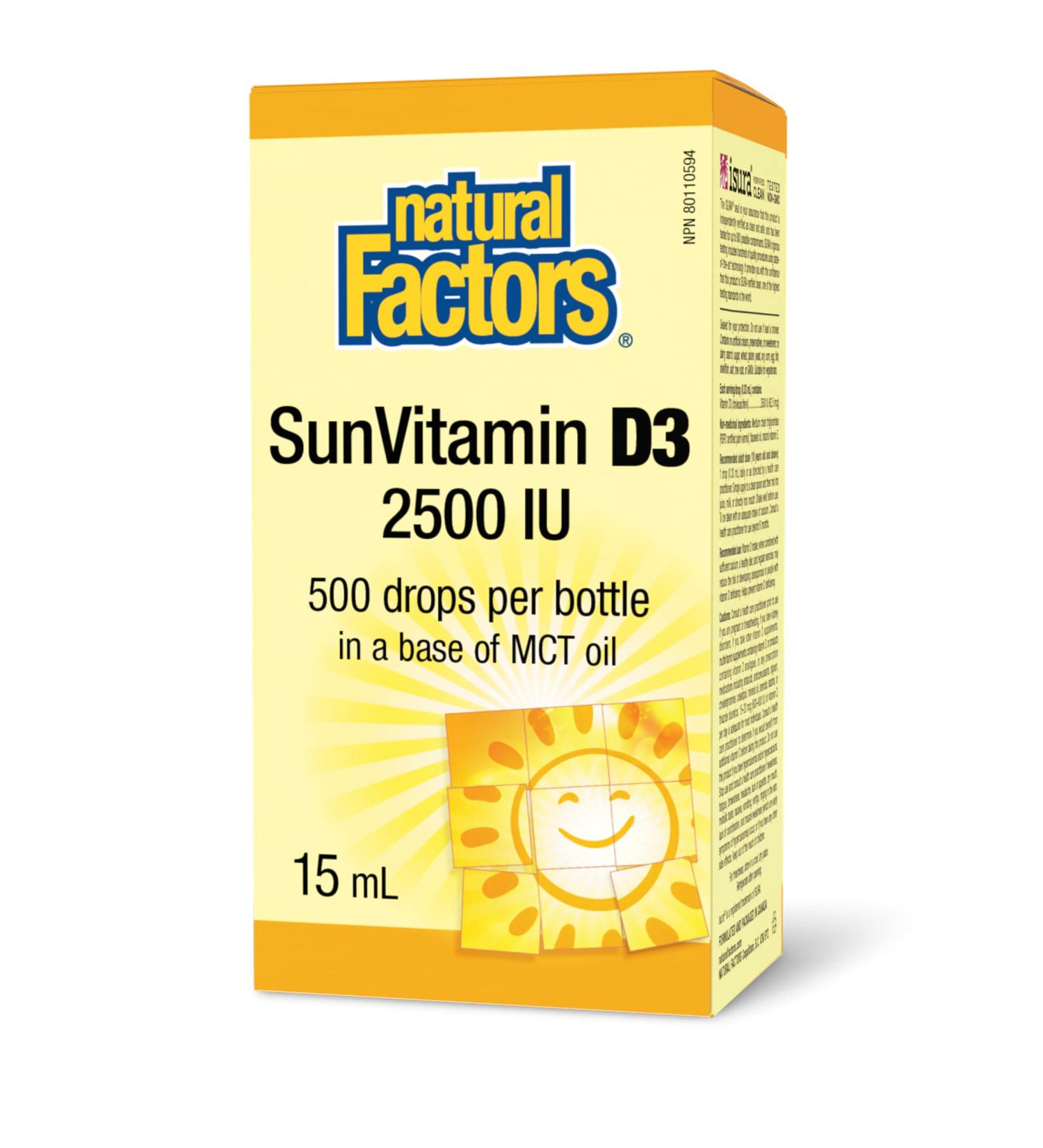 Natural Factors SunVitamin D3 Drops 2500 IU 15ml 500 Drops per bottle MCT Oil Base Essential for Immune Function and Overall Health - Buy Online on SooperMarket.com