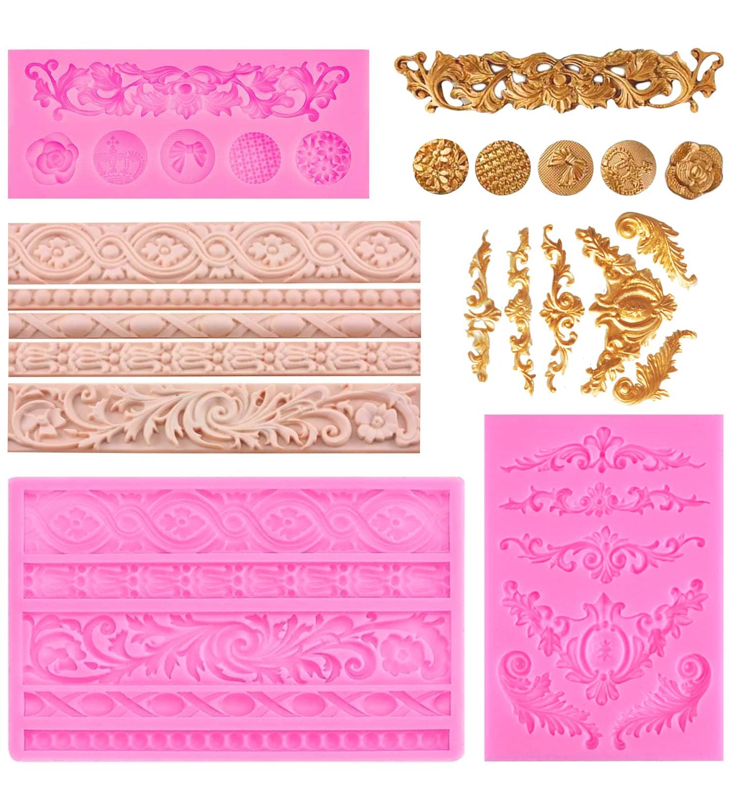Arcemain 3 Pcs DIY Baroque Style Cake Border Curlicues Silicone Mold - Pink | Vintage Fondant Mold for Cake Decoration, Baking, Polymer Clay, Resin - Buy Online on SooperMarket.com