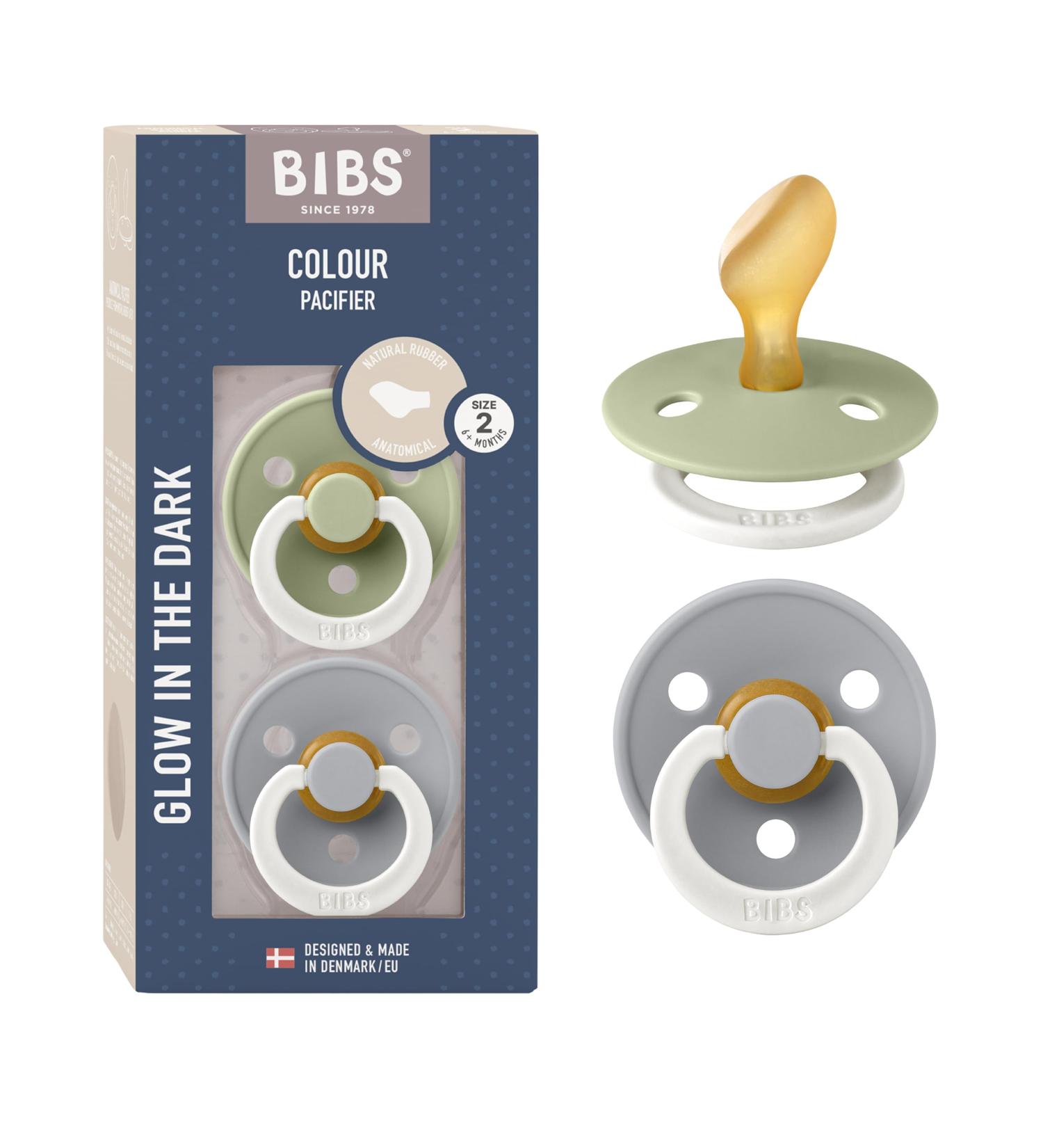 BIBS COLOUR Anatomical Glow Schnuller 2-Pack - BPA-Free Jaw-Friendly Natural Rubber - Size 2 (6-18 Months) - Sage Glow & Cloud Glow Made in Denmark - Buy Online on SooperMarket.com