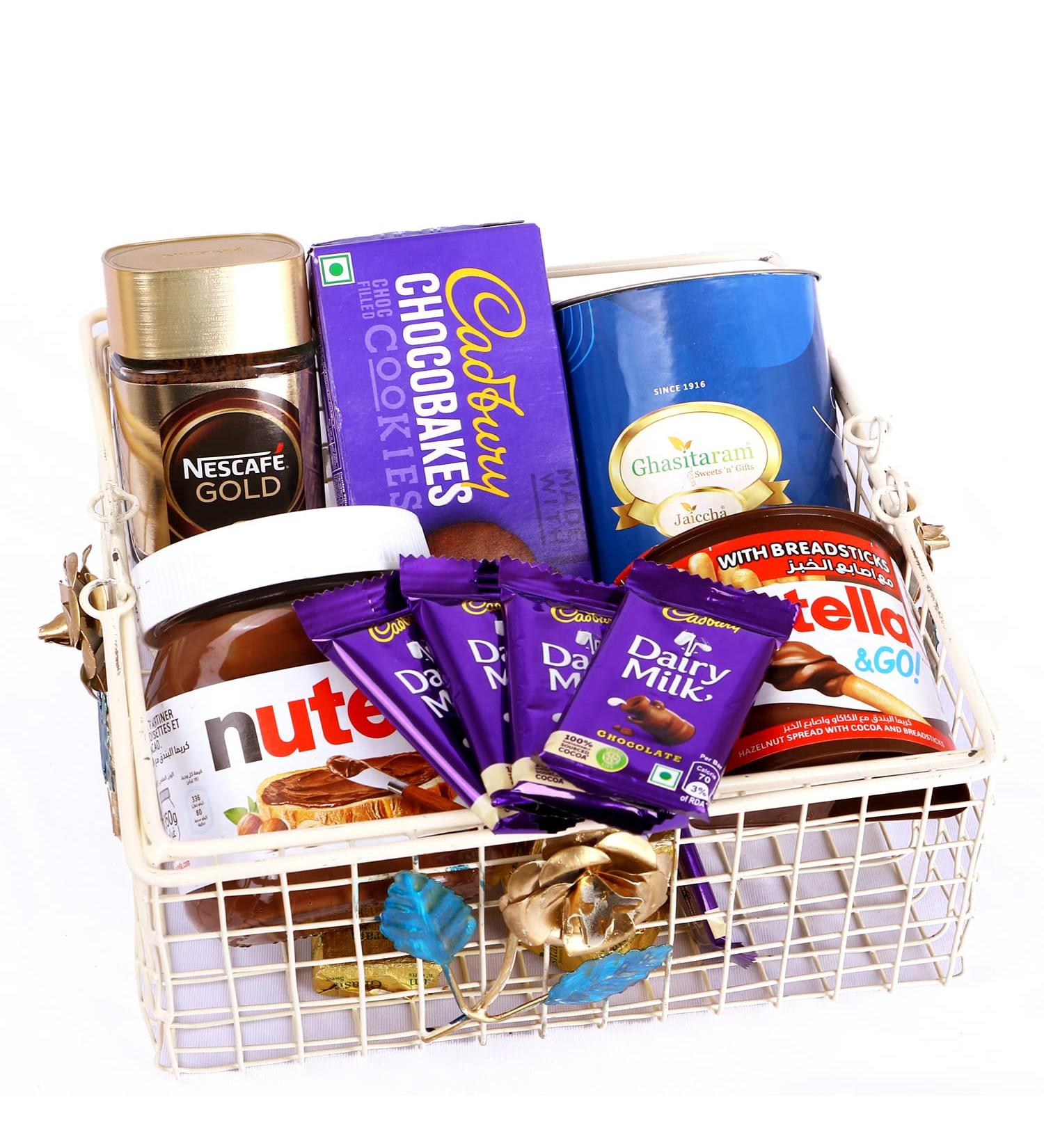 Ghasitaram Gifts Jaiccha White Metal Basket of Assortments with Channa Laddoo Can|Gift for Diwali Gifts Holi Rakhi Valentine Christmas Birthday Anniversary Her Him| - Buy Online on SooperMarket.com