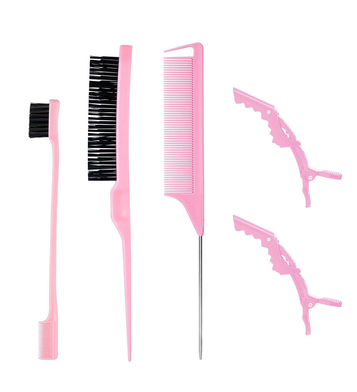 Pink Hair Styling Comb Set - 5 Pieces for Edges Control, Teasing, Rat Tail Comb, and Alligator Clips - Women, Girls, Stylists Beauty Accessories - Buy Online on SooperMarket.com
