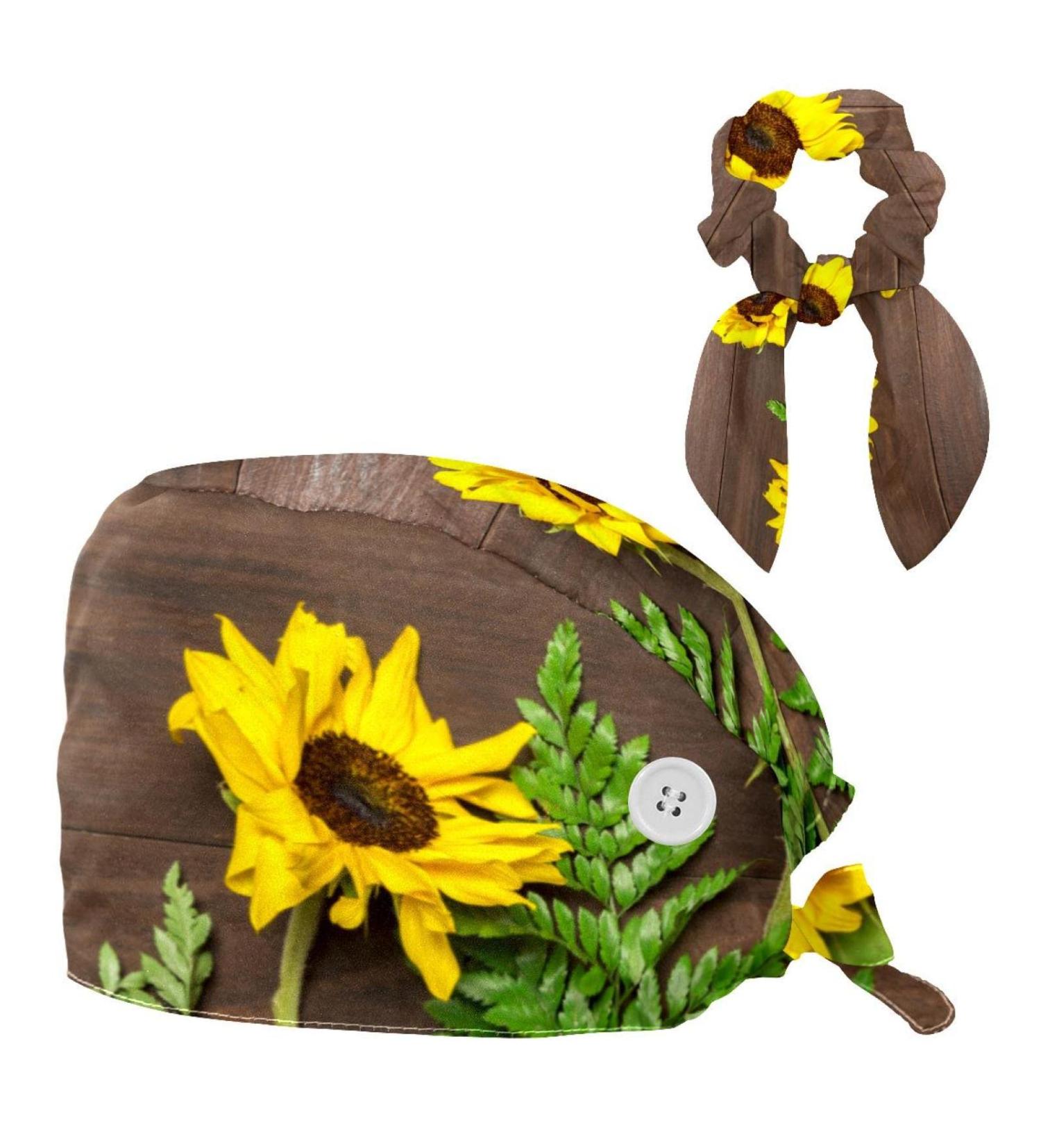 Nurse Scrub Caps - Sunflowers White Wooden Working Cap with Button and Bow Hair Scrunchie - Buy Online on SooperMarket.com