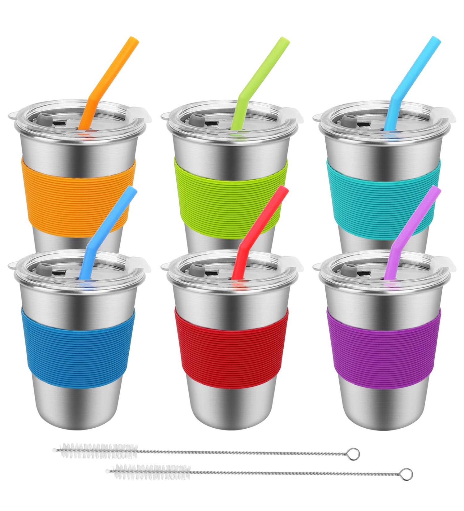 6 Pack 12oz Stainless Steel Spill Proof Kids Cups with Straws and Lids - BPA-Free, Unbreakable Toddler Tumbler for Water, Smoothies - Reusable Metal Sippy Mug for Child and Adult - Buy Online on SooperMarket.com