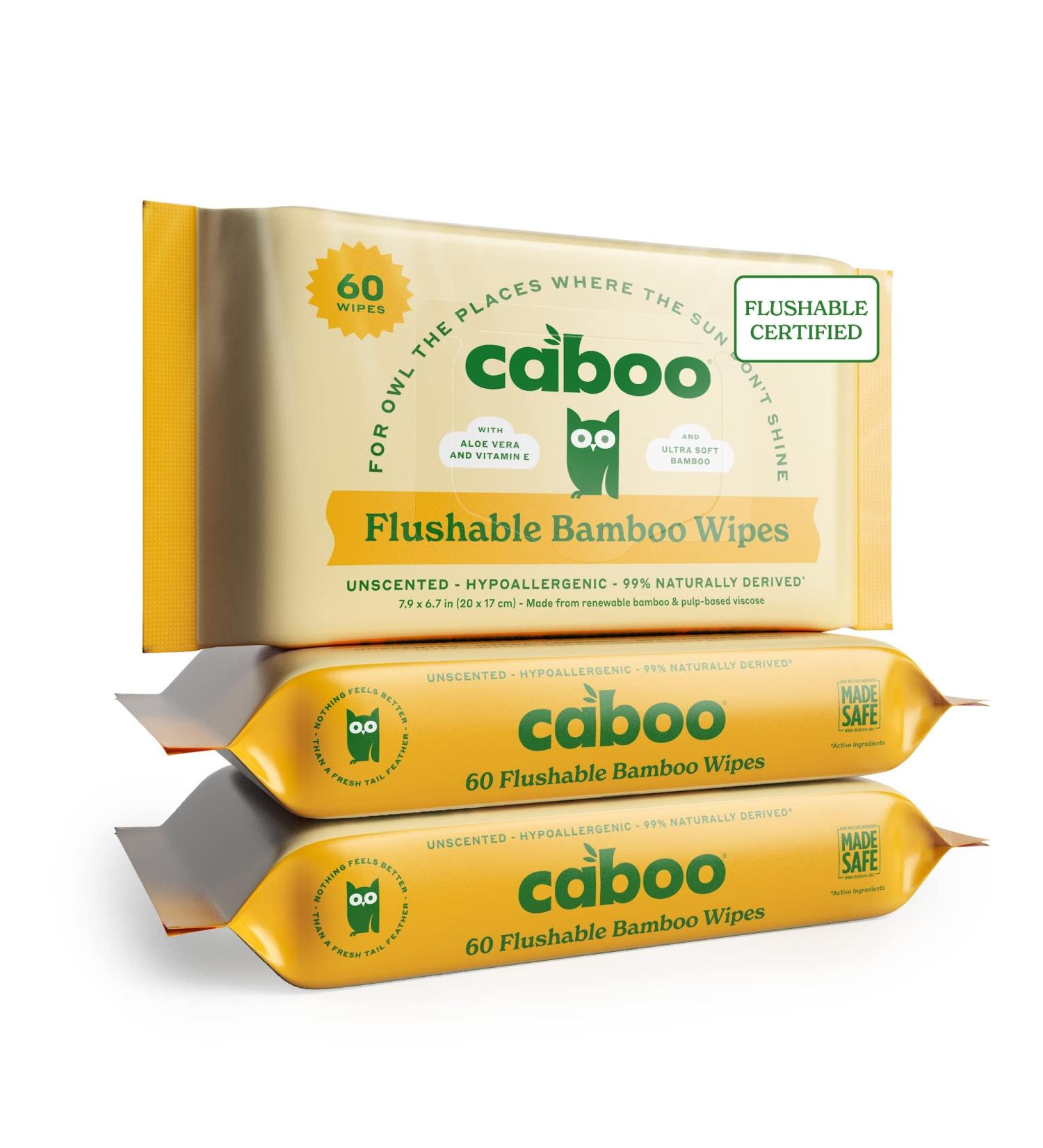 Caboo Bamboo Flushable Wipes 60 Ct Travel Packs (Pack of 3) | Eco-Friendly & Biodegradable | Septic Safe & Certified Flushable | for Adults & Kids - Buy Online on SooperMarket.com