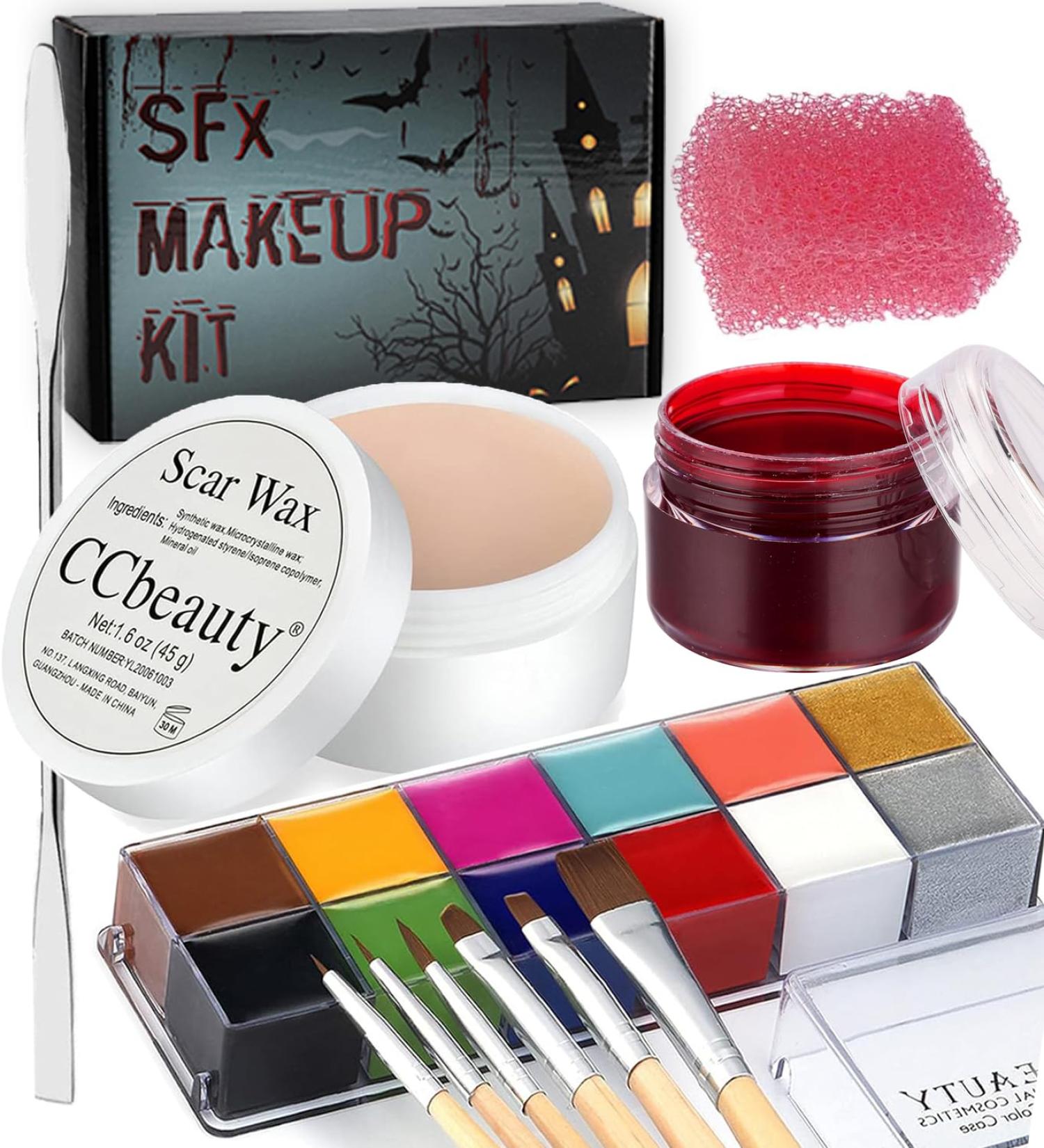 CCbeauty Halloween SFX Makeup Kit - 12 Colors Face Body Paint, Scar Wax, Fake Blood, Brushes & Sponge - Buy Online on SooperMarket.com