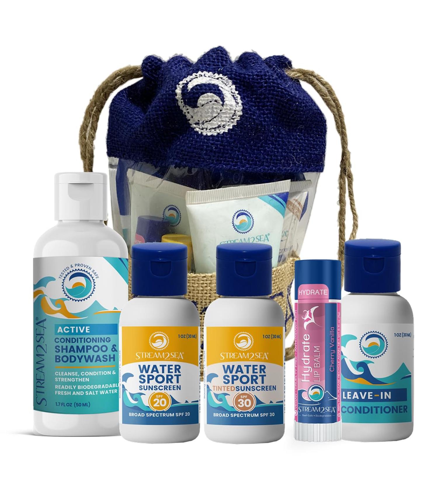 EcoConscious Travel Kit | Body & Hair Care Gift Set | Shampoo Conditioner SPF30 Sunscreen & Hydrating Lip Balm by Stream2Sea - International Shipping Available - Buy Online on SooperMarket.com