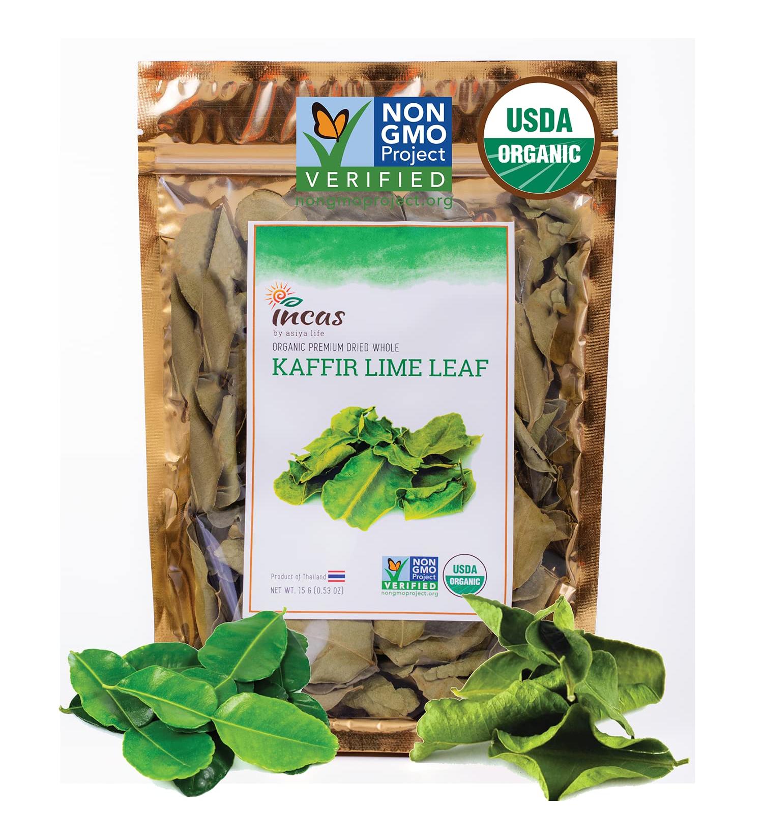INCAS 100% USDA Organic Kaffir Lime Leaves 0.53 oz - Non GMO, Authentic Taste from Thailand - Whole Leaves for Thai Cuisine - Buy Online on SooperMarket.com