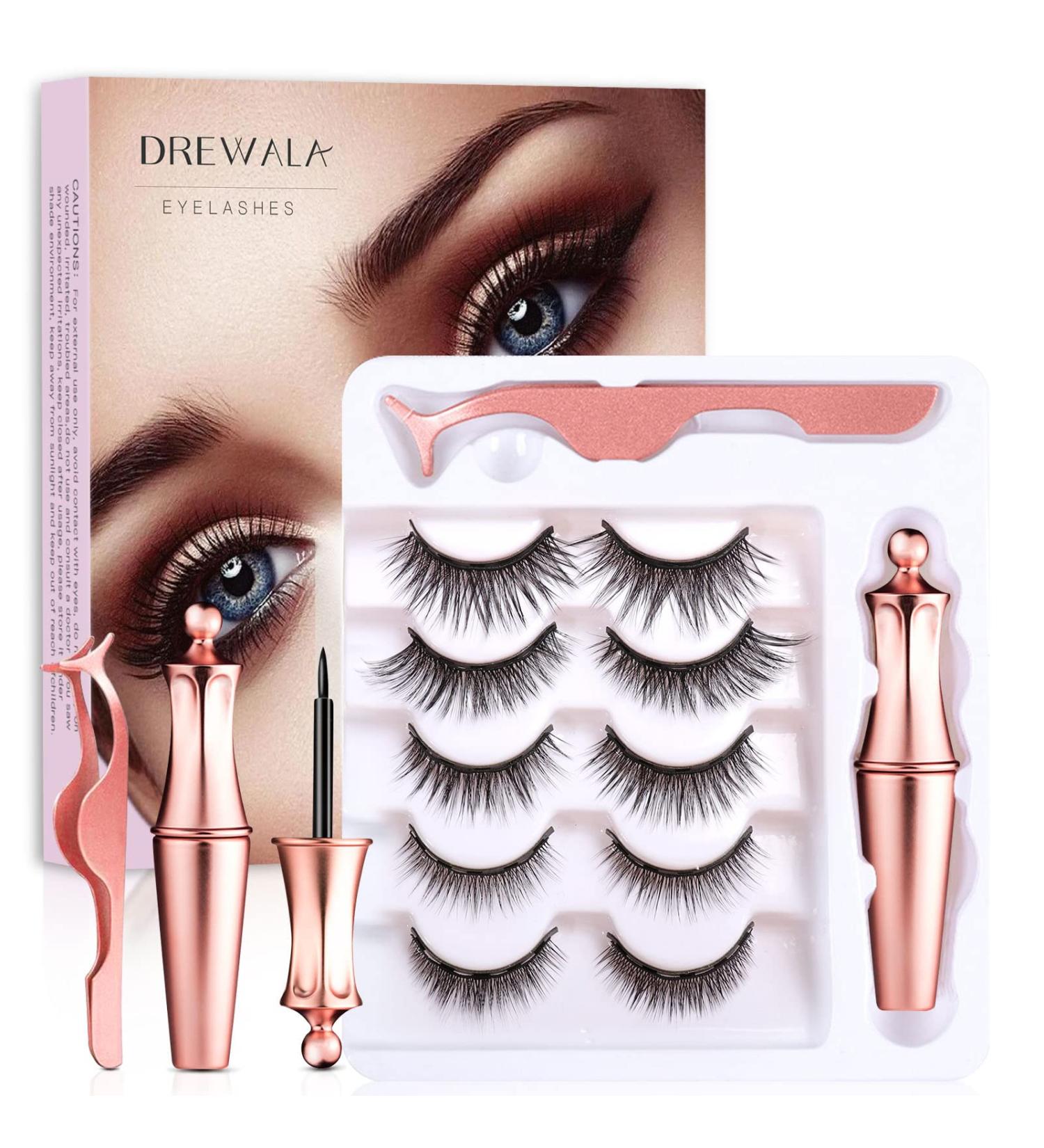 DREWALA Magnetic Eyelashes with Eyeliner Kit - 5 Pairs, 3D Natural Look, Waterproof, Easy to Apply, Reusable, Long Lasting - No Glue Needed False Eyelashes Pack - Buy Online on SooperMarket.com