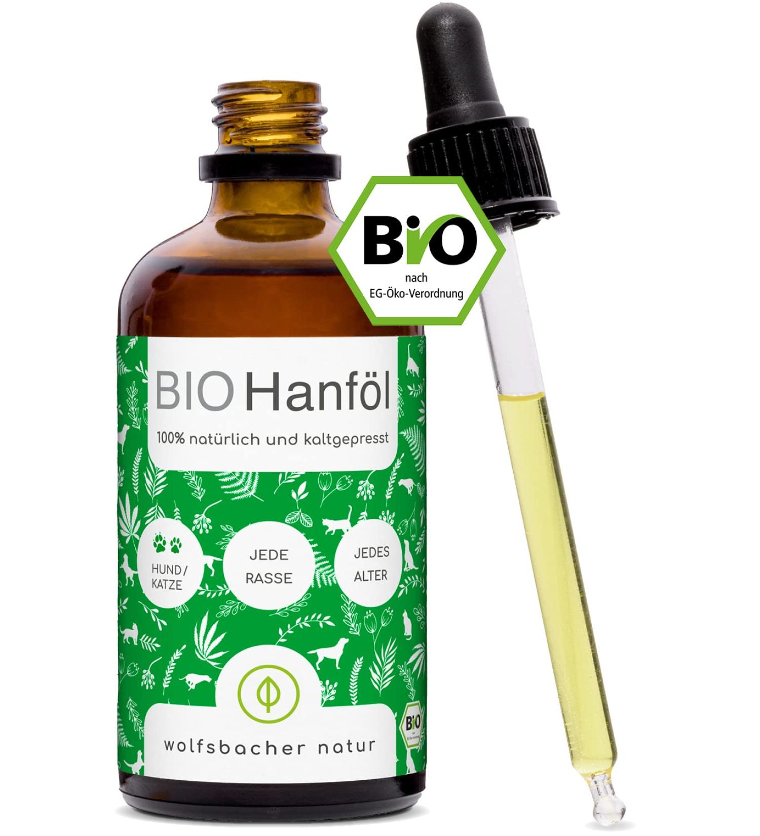 Wolfsbach Organic Hemp Oil for Dogs & Cats 50ml - Omega 3 & 6 Cold-Pressed 100% Organic from Germany | BARF & Feed Oil - De- ko-060 - Buy Online on SooperMarket.com