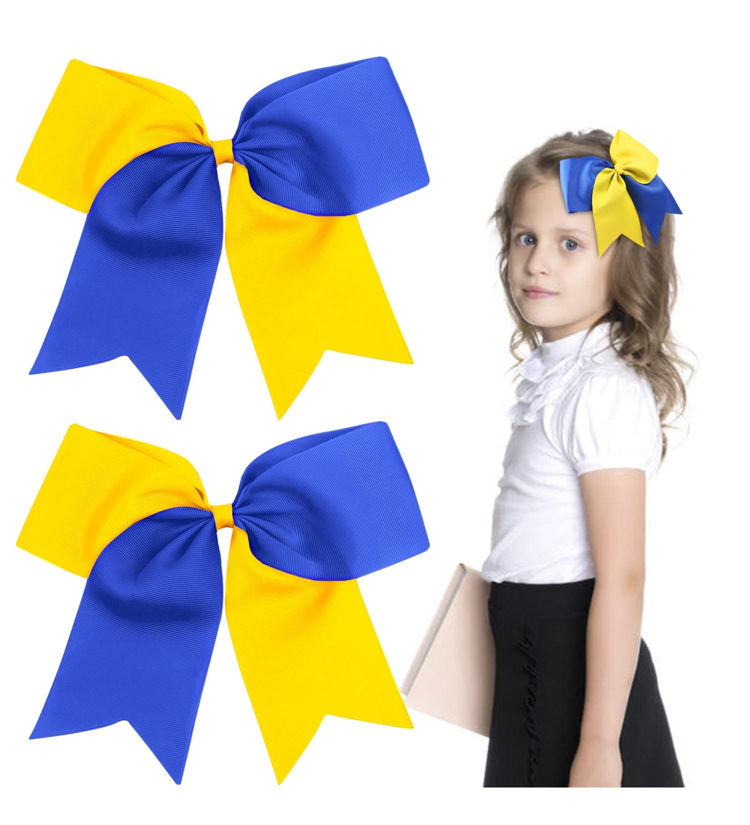 2PCS Oaoleer 8 Jumbo Cheer Bows with Tails, Yellow/Blue - Ideal for Girls Teen Softball Cheerleader Outfits - Buy Online on SooperMarket.com