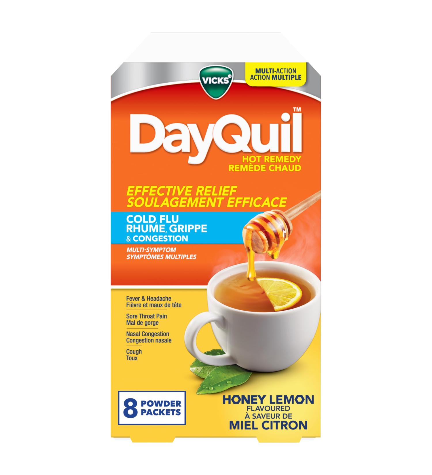 DayQuil Hot Remedy Cold Flu & Congestion Medicine Daytime Non-Drowsy Relief for Fever & Headache Sore Throat Pain Nasal Congestion Cough Multi-Action Honey Lemon Flavoured 8 Powder Packets - Buy Online on SooperMarket.com