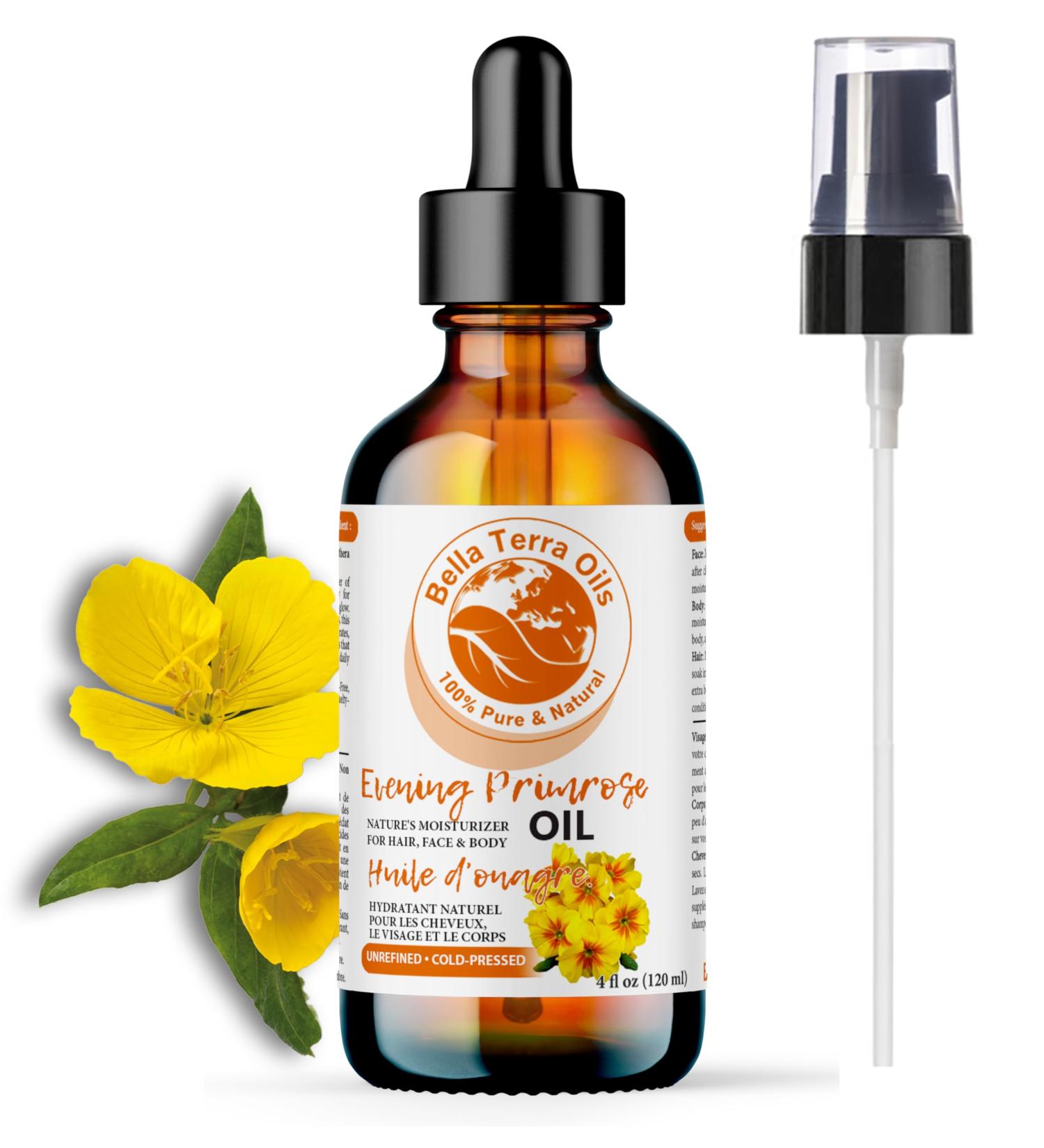 Bella Terra Oils Evening Primrose Oil. 120ml. 100% Pure. Cold-pressed. Unrefined. All Natural. Rich in GLA. Chemical-free. Soothes Dry Skin. Nourishes Skin & Hair. 120 ml (Pack of 1) - Buy Online on SooperMarket.com