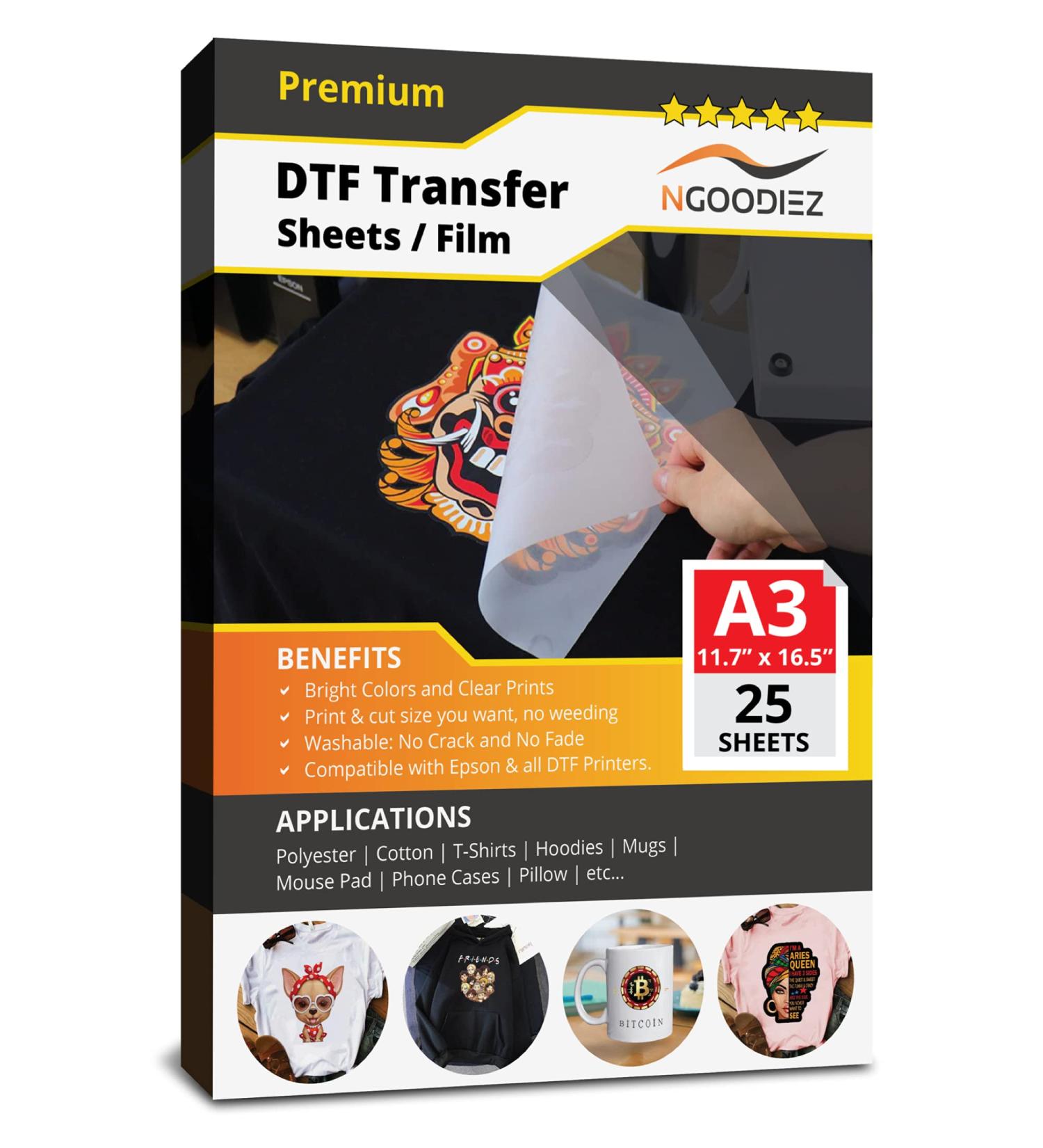 NGOODIEZ DTF Transfer Film Double-Sided Heat Transfer Film Matte A3 Size 25 Sheets - Buy Online on SooperMarket.com