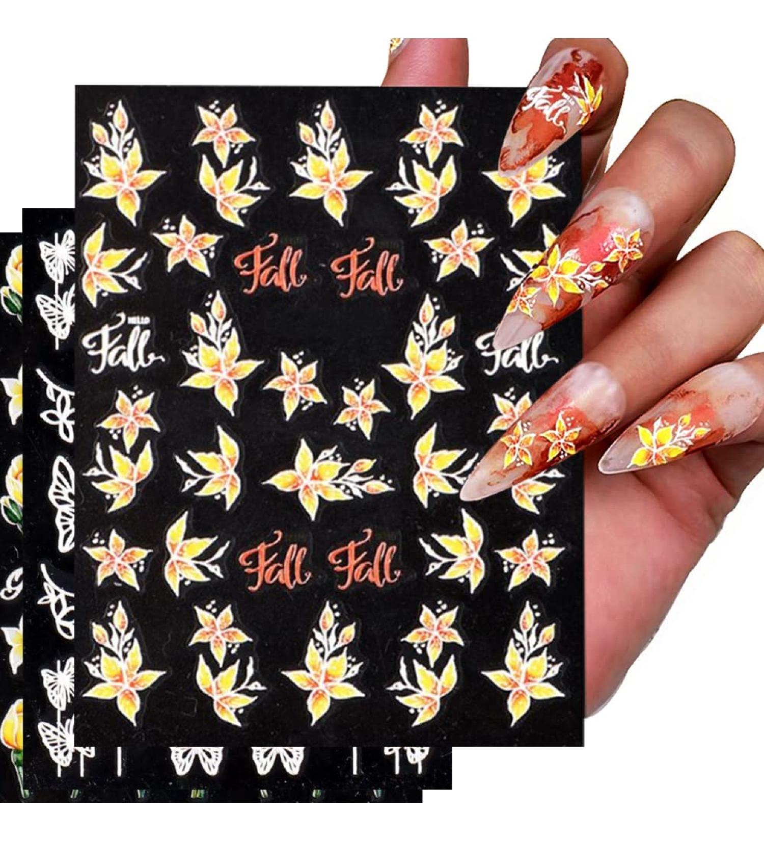 Nail Art Stickers Xcreando 6 Sheets 5D Embossed Fall Self-Adhesive Nail Polish Stickers Autumn Nail Decals Designed with Maple Flowers Butterflies Pumpkin Owl Thick DIY 3D Nail Art Supplies for Thanksgiving Day Decorations colorful - Buy Online on SooperMarket.com