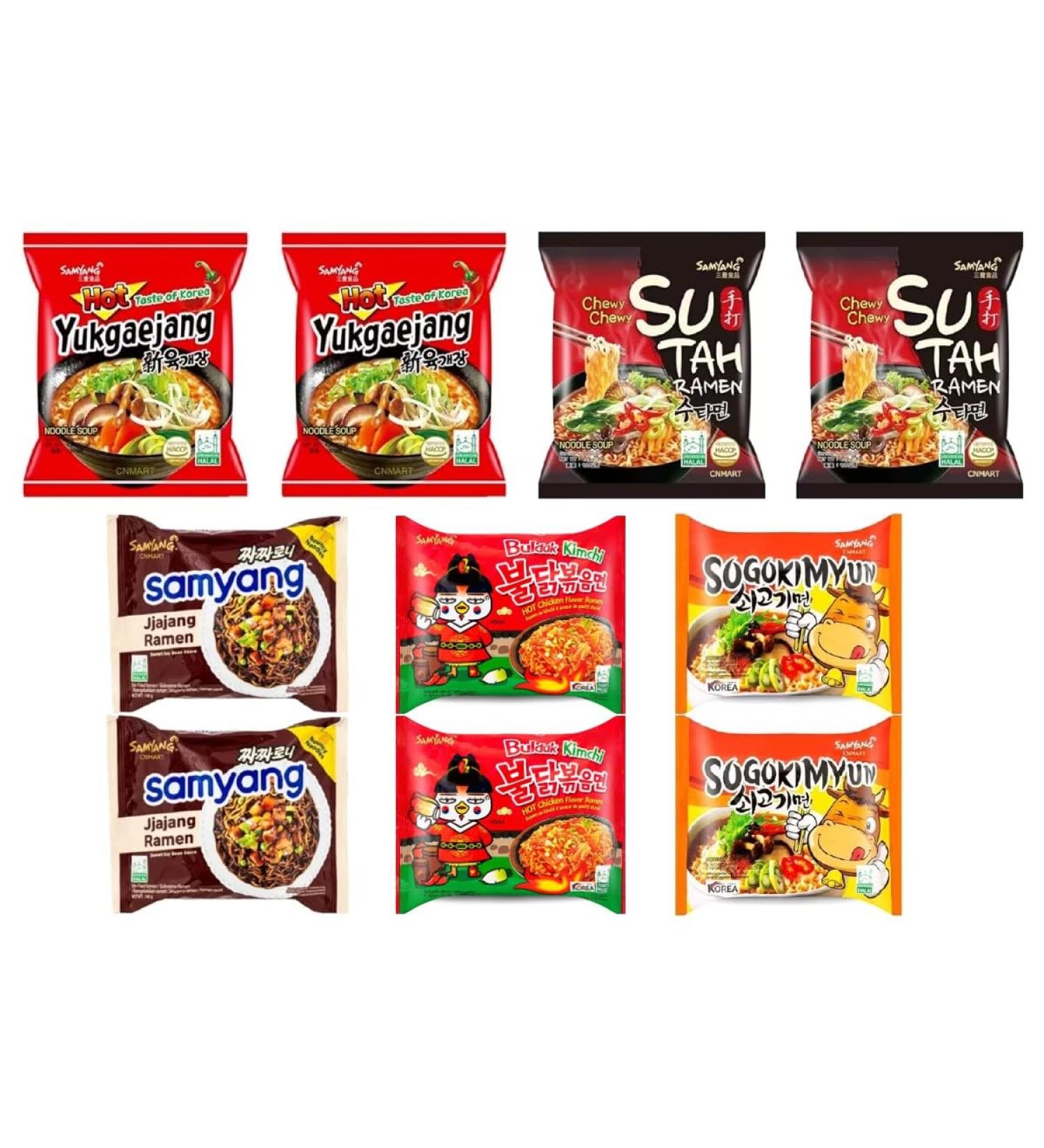 Samyang Korean Instant Noodle Soup Ramen (Hot Chicken Kimchi Sogokimyun Black Bean Yukgaejang SuTah) 5 Different Flavours Halal (Pack of 10) by CNMART - Buy Online on SooperMarket.com