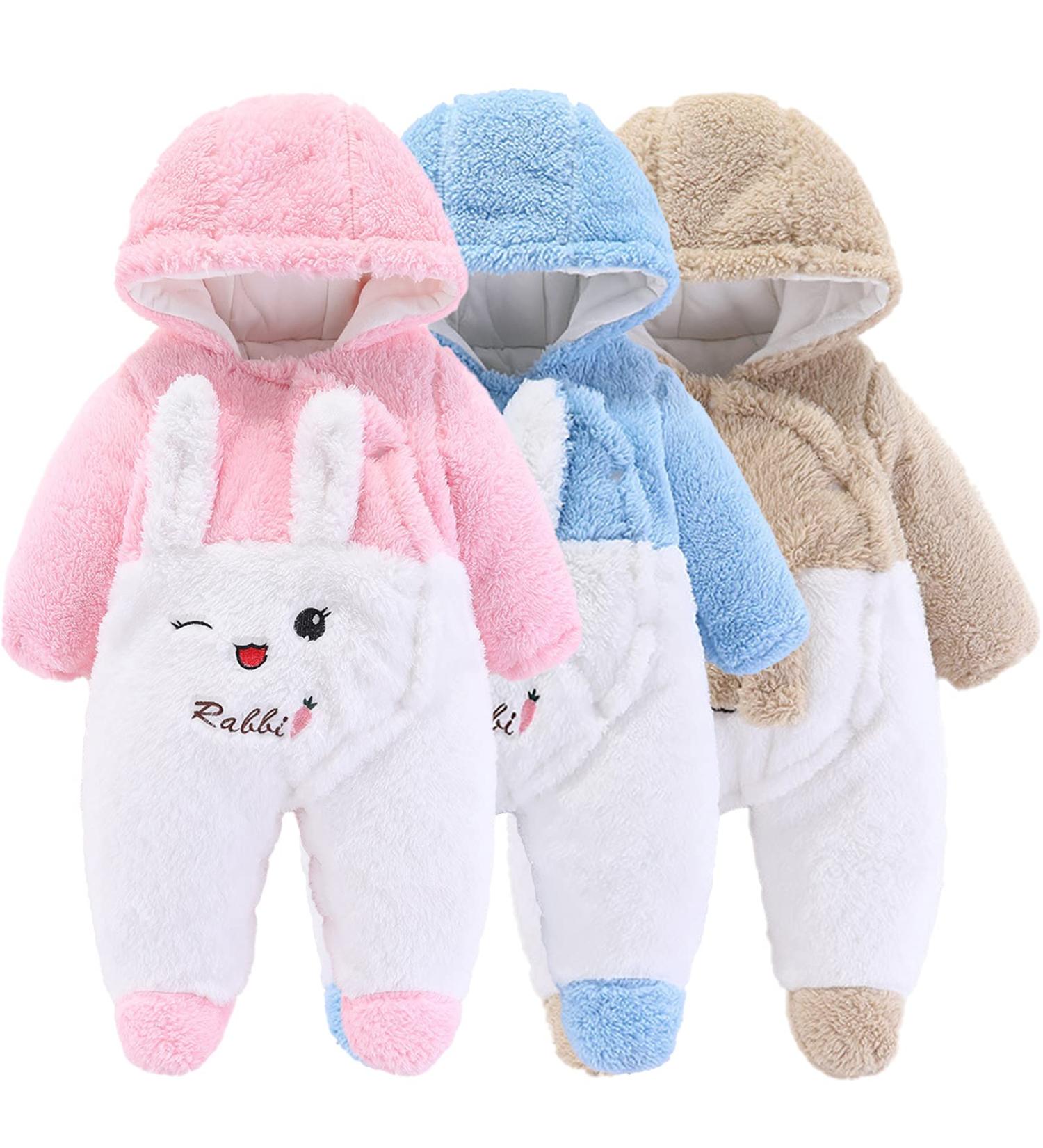 Cartoon Bear Snowsuit Winter Coat Fleece Hooded Romper | Newborn Baby Jumpsuit | 3-6 Months | Pink Rabbit - Buy Online on SooperMarket.com