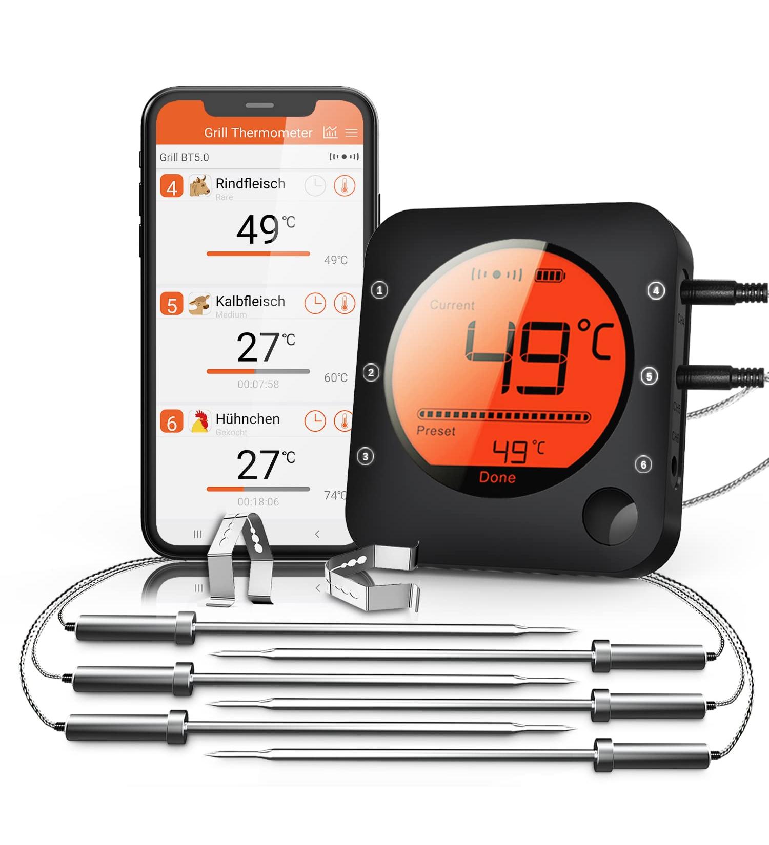 Buy Bfour Kitchen Bluetooth Thermometer - Digital Grill Meat Thermometer with 6 Probes & Alarm | Perfect BBQ Gift - Buy Online on SooperMarket.com
