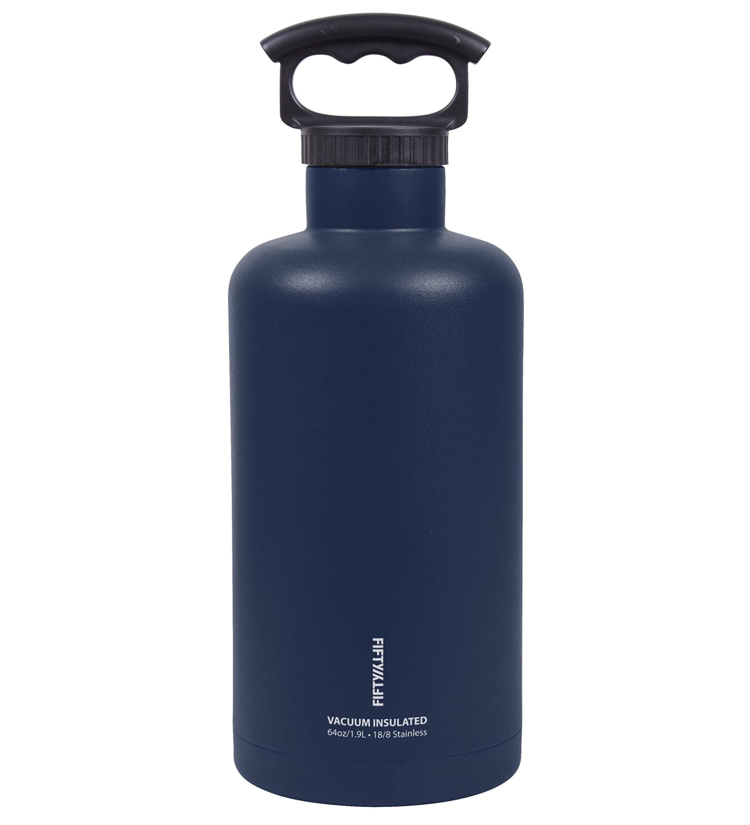 FIFTY-FIFTY 64oz Stainless Steel Growler Water Bottle, Navy - Double Wall Vacuum Insulated with 3 Finger Cap - Buy Online on SooperMarket.com