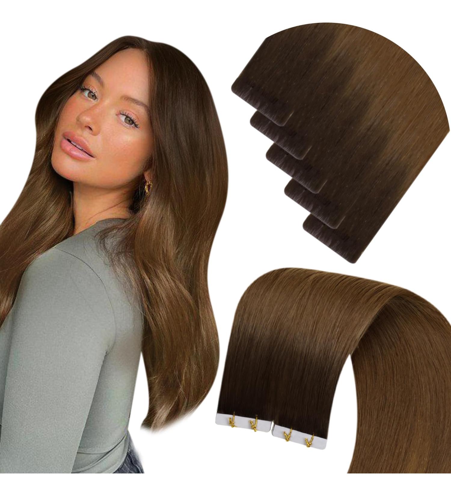 LAAVOO Virgin Tape Extensions | Real Hair Ombre Brown Seamless 45cm | Invisible Balayage Extensions | 5PCS 12.5g | Premium Quality - Buy Online on SooperMarket.com