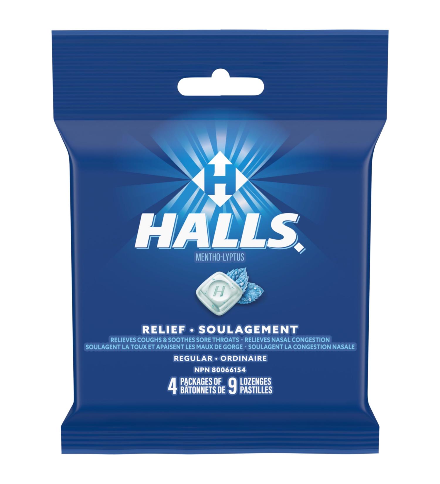 HALLS Regular Cough Drops Throat Lozenges Sore Throat Relief Mentho-Lyptus 4 Packs of 9 Lozenges - Buy Online on SooperMarket.com