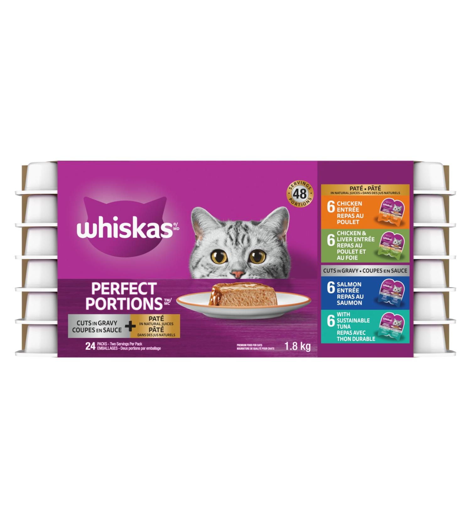 WHISKAS Perfect Portions Wet Cat Food Pat and Cuts in Gravy - Chicken - Chicken & Liver - Tuna - Salmon - 75g (24 Pack) - Buy Online on SooperMarket.com