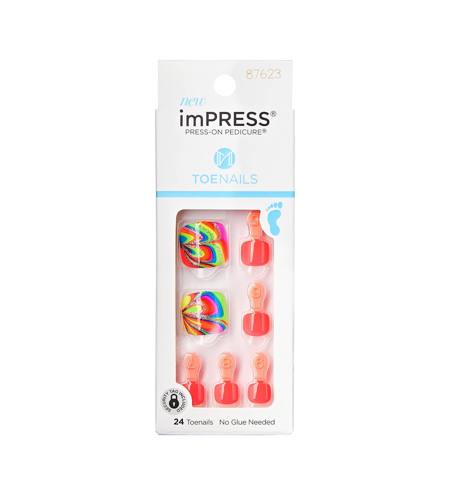 KISS imPRESS Sugarpop Square Press-On Pedicure Nail Kit | Glittery Multicolored Toenails + Prep Pad, Nail File, Cuticle Stick, 24 Nails - Buy Online on SooperMarket.com