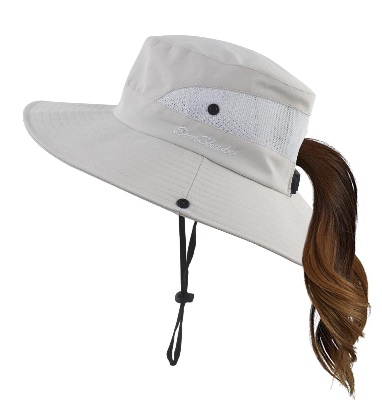 Mukeyo Womens Wide Brim Sun Hat | UV Protection, Foldable Ponytail Cap for Beach, Fishing, Hiking - Beige - Buy Online on SooperMarket.com