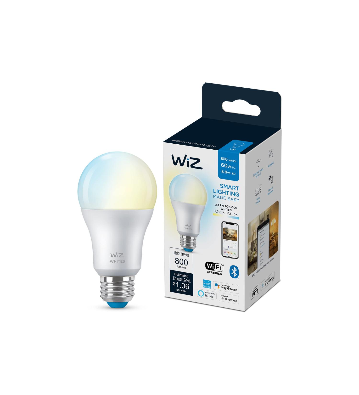 WiZ Connected Tunable White A19 Smart WiFi Light Bulb Dimmable 2700K - 6500K Smart Control with WiZ App Compatible with Alexa Google Assistant and Siri Shortcuts No Hub Required 1 Bulb A19 Tunable White 1 Count (Pack of 1) - Buy Online on SooperMarket.com