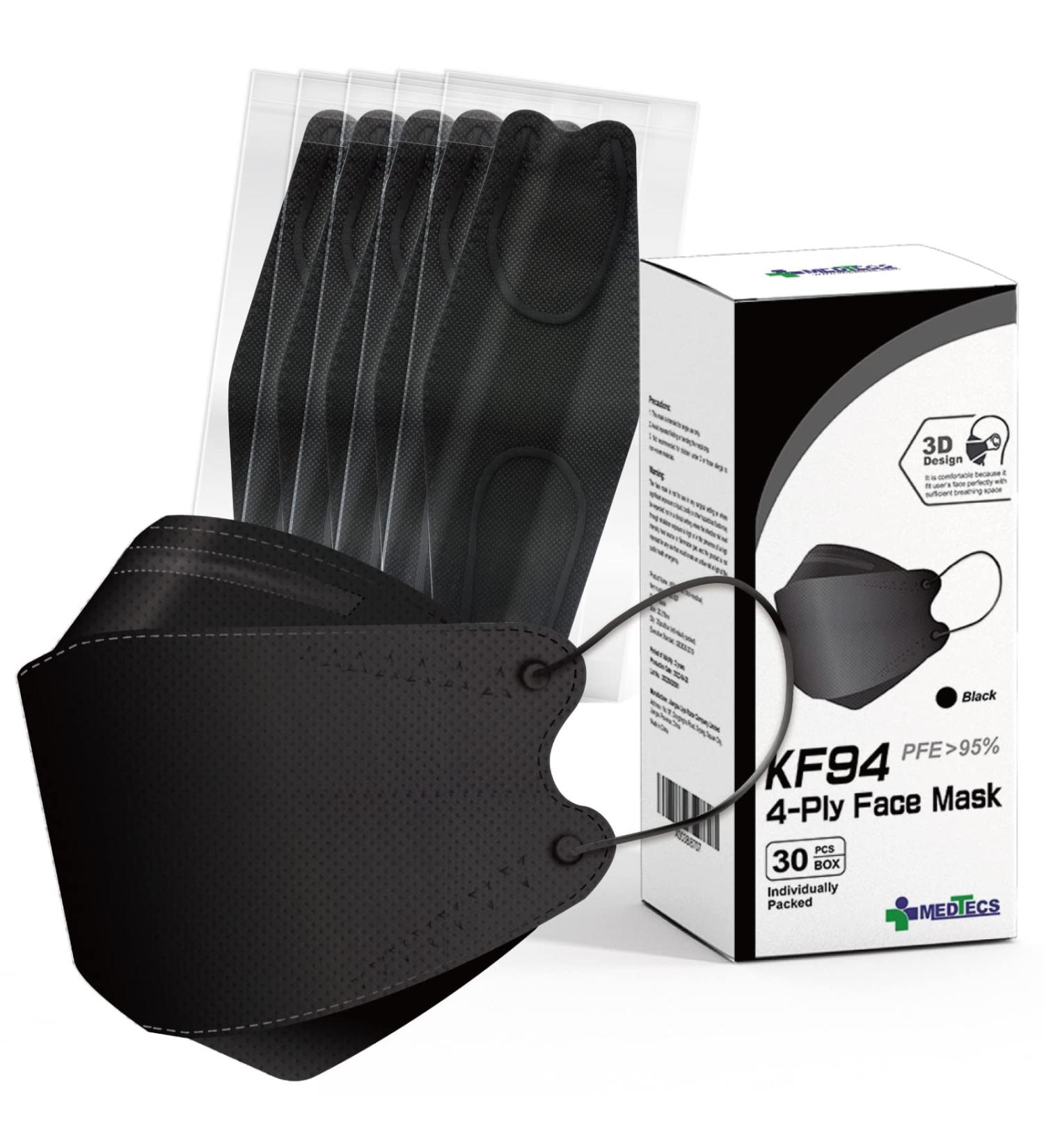 Medtecs KF94 Mask - 30 PCS - Korean Imported Filter - Individually Wrapped - Black - Breathable Safety Mask - Buy Online on SooperMarket.com