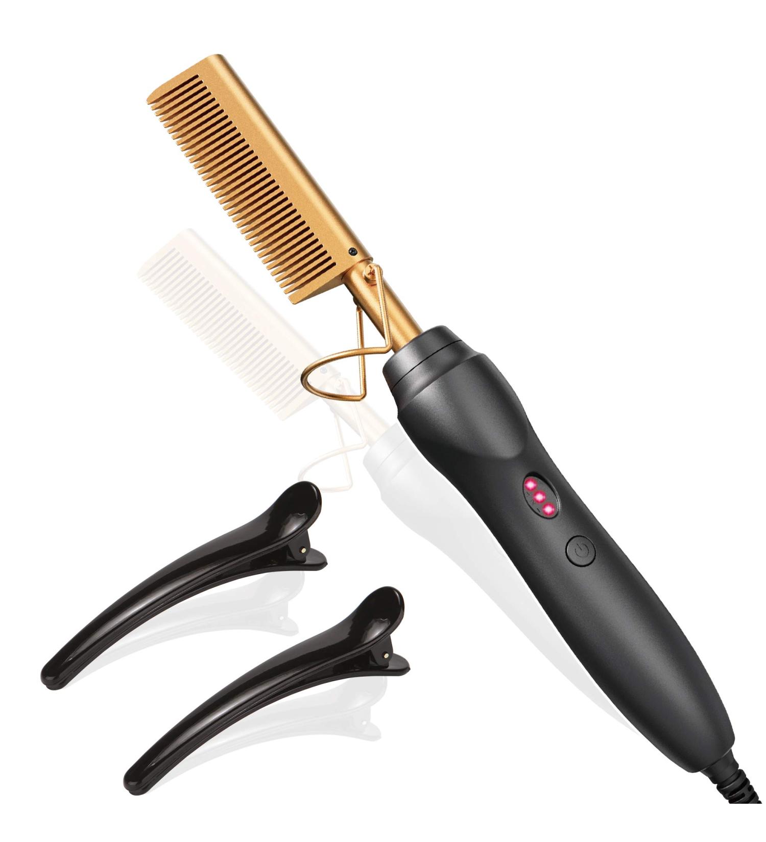 Ceramic Electric Hot Comb Hair Straightener - 3-in-1 Curling Iron for Natural Black Hair, Beard, Wigs - Holiday Gift - Gold - Buy Online on SooperMarket.com