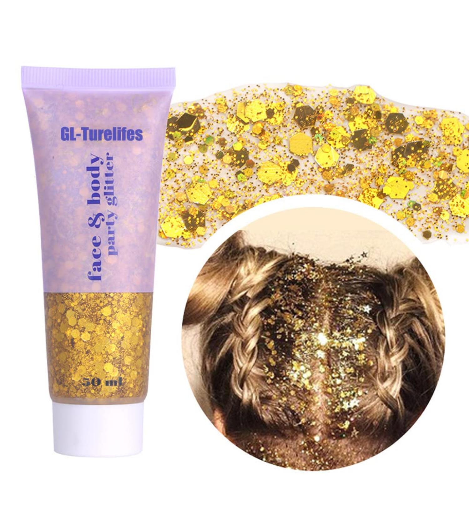 GL-Turelifes Chunky Glitter Gel 50ml - Long Lasting Festival Cosmetic Glitter for Face, Hair, Nails & Makeup - Easy to Apply and Remove - Gold (#02) - Buy Online on SooperMarket.com