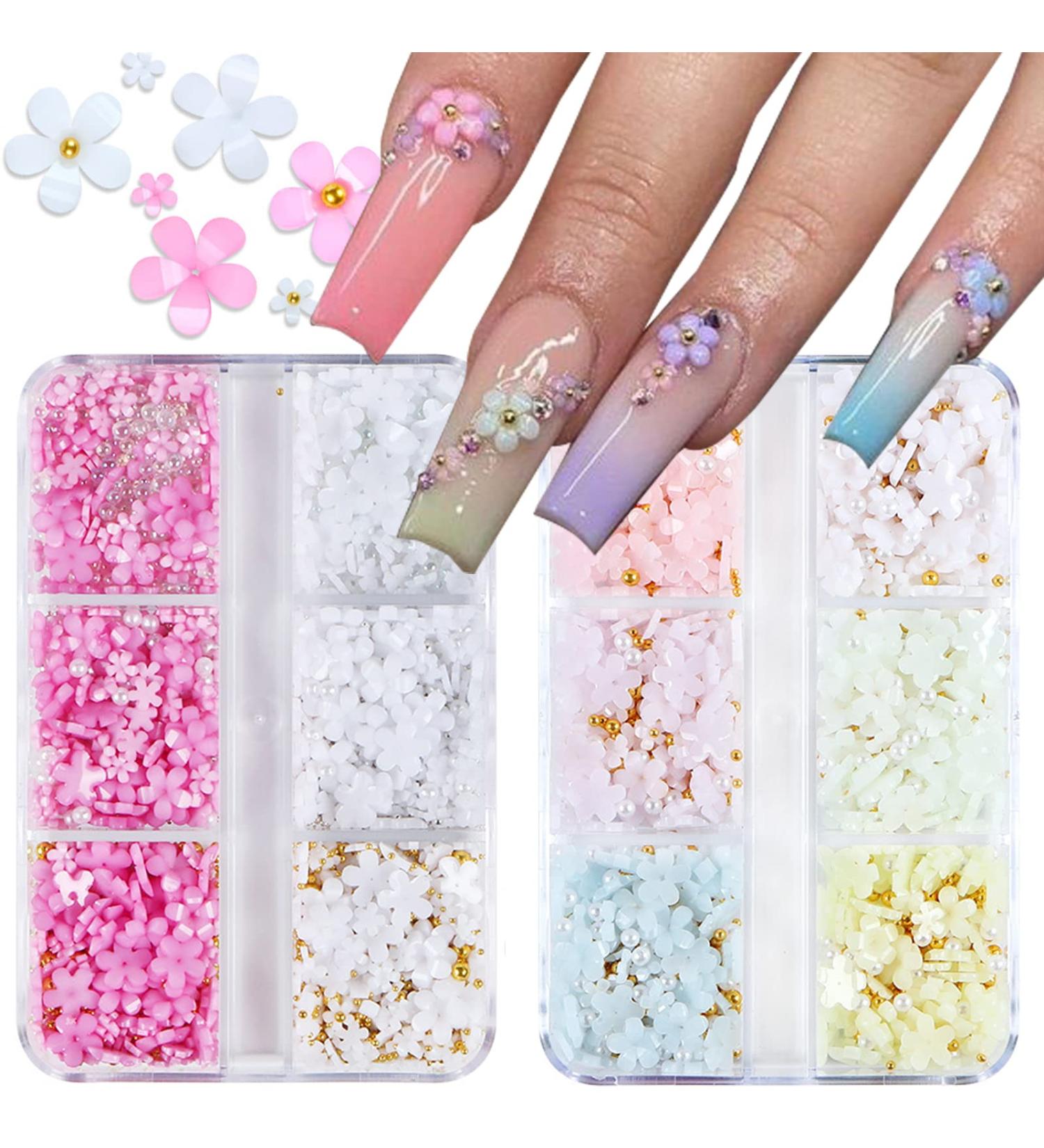 Baoximong 3D Flower Nail Art Charms - White Pink Gold Silver Pearls Rhinestones Spring Cherry Blossom Design - Buy Online on SooperMarket.com