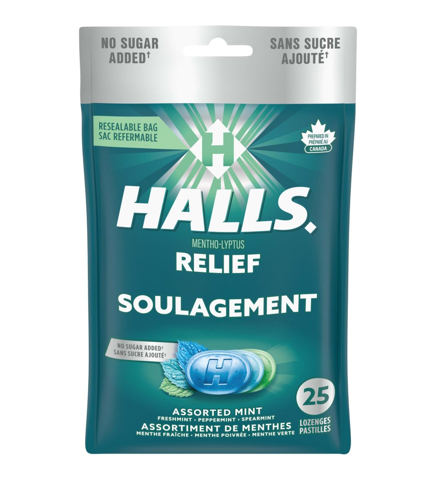 HALLS No Sugar Added Assorted Mint Cough Drops Throat Lozenges Sore Throat Relief Mentho-Lyptus 25 Lozenges Assorted Mint 25 Count (Pack of 1) - Buy Online on SooperMarket.com