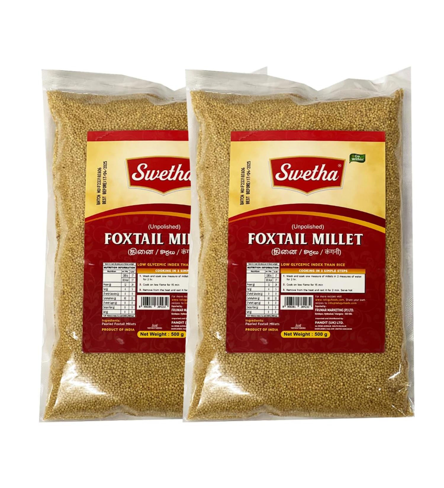 Swetha Millets Unpolished Low Glycemic Index Than Rice Easy To Cook Healthy Product Of India 500G (Pack Of 2 FoxTail Millet) FoxTail Millet Pack Of 2 - Buy Online on SooperMarket.com
