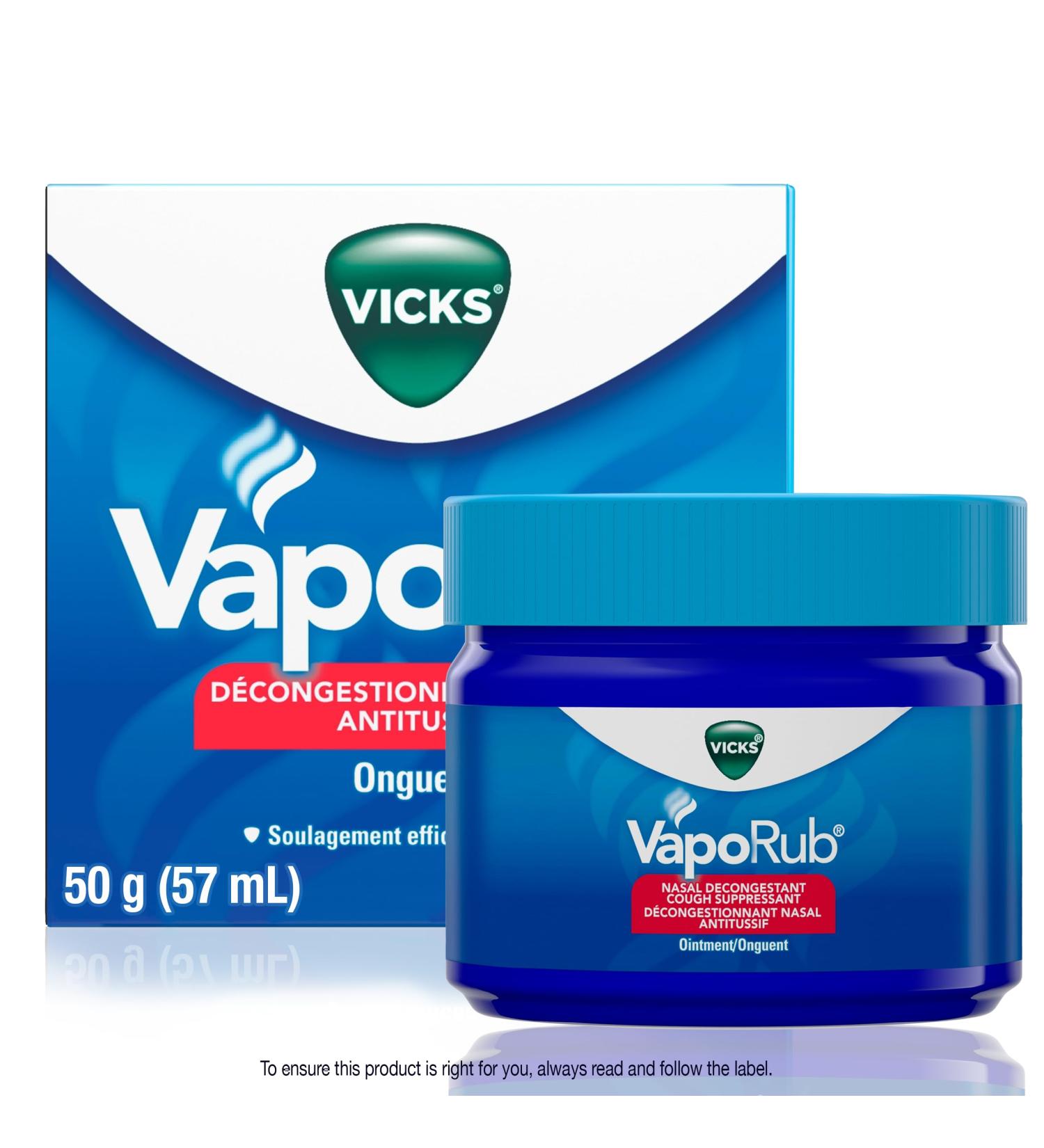 Vicks VapoRub Nasal Decongestant Cough Suppressant Relief from Cold Aches & Pains Chest Rub Ointment Original scent 50 g/57 mL 57 mL Original - Buy Online on SooperMarket.com