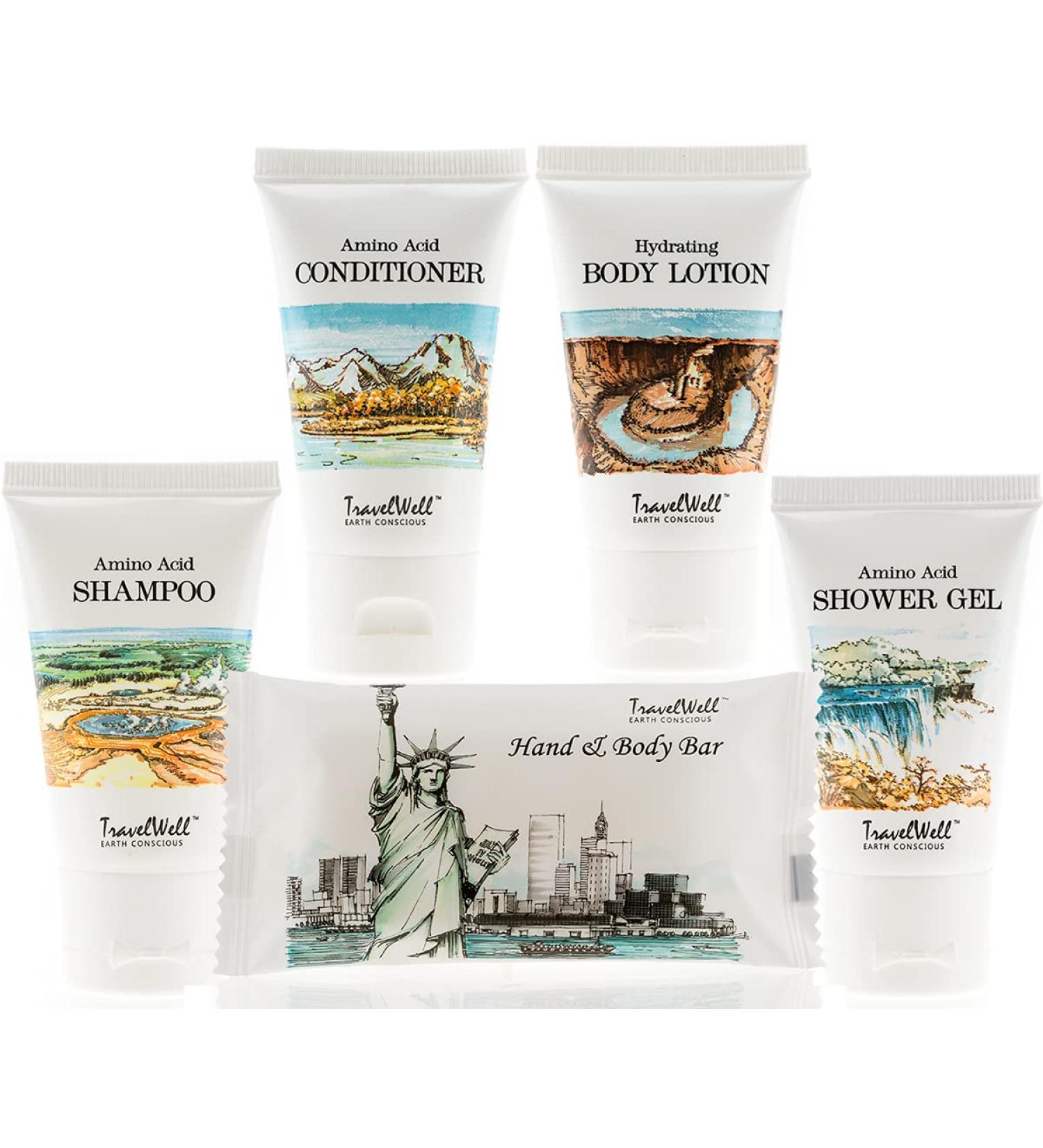 Travelwell Landscape Series: Hotel Toiletries Amenities - Bulk Travel Size Massage Soaps Shampoo Conditioner Body Lotion Body Wash - 25 Set KIT - Buy Online on SooperMarket.com