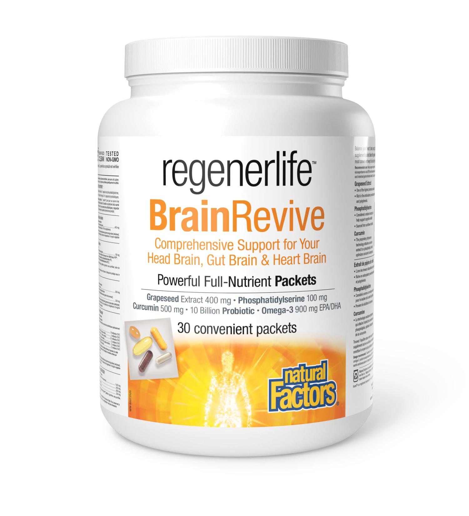 Natural Factors Regenerlife BrainRevive 30 convenient packets Five-in-One Supplement Kit Daily Full-Nutrient Packets Contain: Phosphatidylserine Bioavailable Curcumin Omega-3 EPA/DHA Grapeseed Extract and High-Potency Five-Strain Probiotics Supports Your  - Buy Online on SooperMarket.com