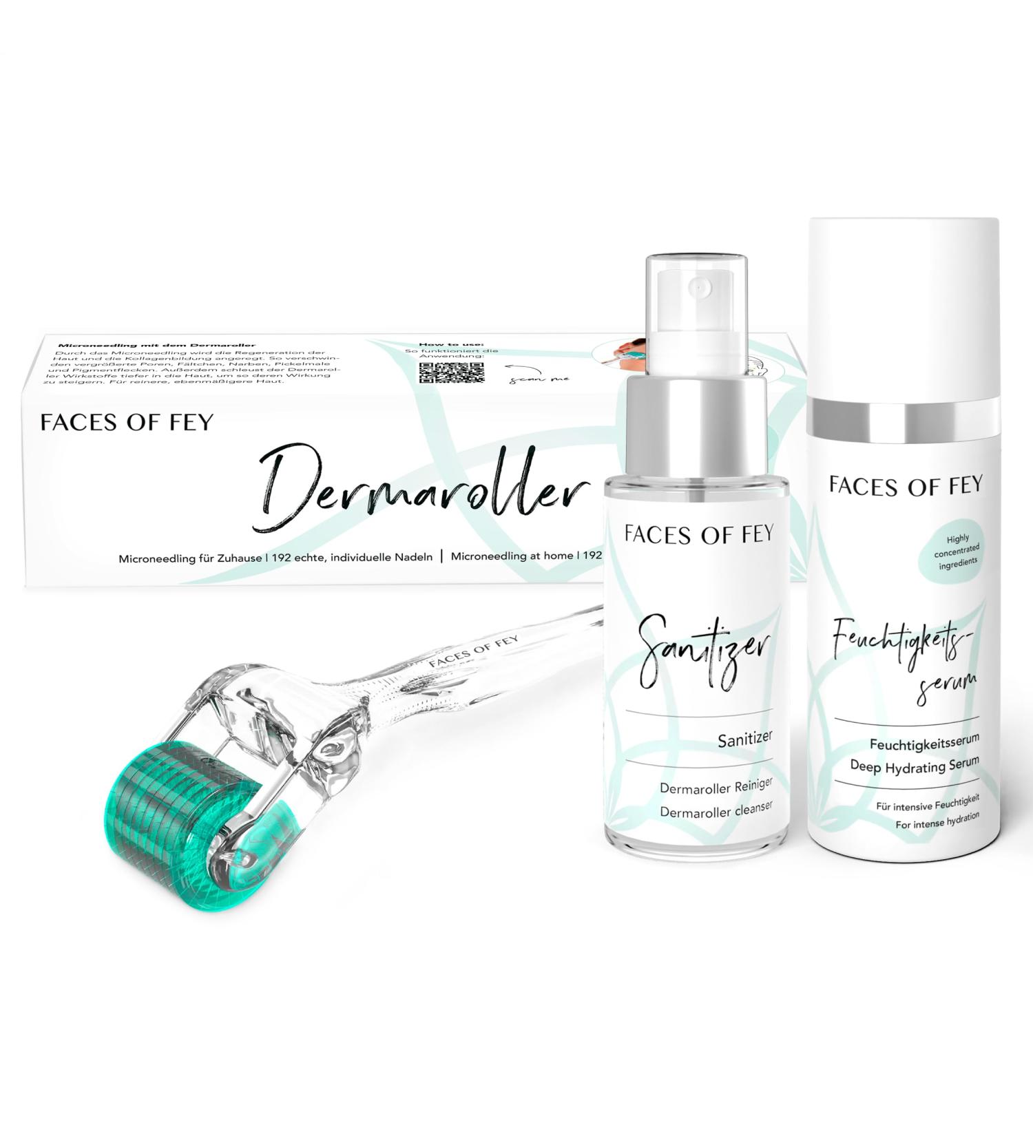 Microneedling Set Faces of Fey - 192 Real Needles Dermaroller Hyaluron Serum & Sanitizer - 0.5mm Nadel Roller for Face & Body Tightening & Modeling - Buy Online on SooperMarket.com
