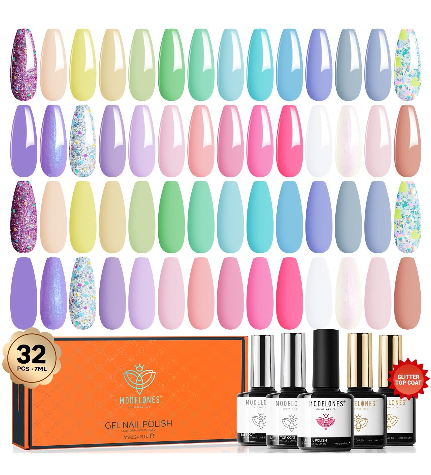 Modelones 32Pcs Pastel Gel Nail Polish Kit 28 Colors Macarons Summer Glitters Gel Polish with Glossy& Glitter& Matte Top Coat Base Coat Starter Kit Soak Off UV Nail Gel Nails Art Manicure Gifts Pastel Blue - Buy Online on SooperMarket.com