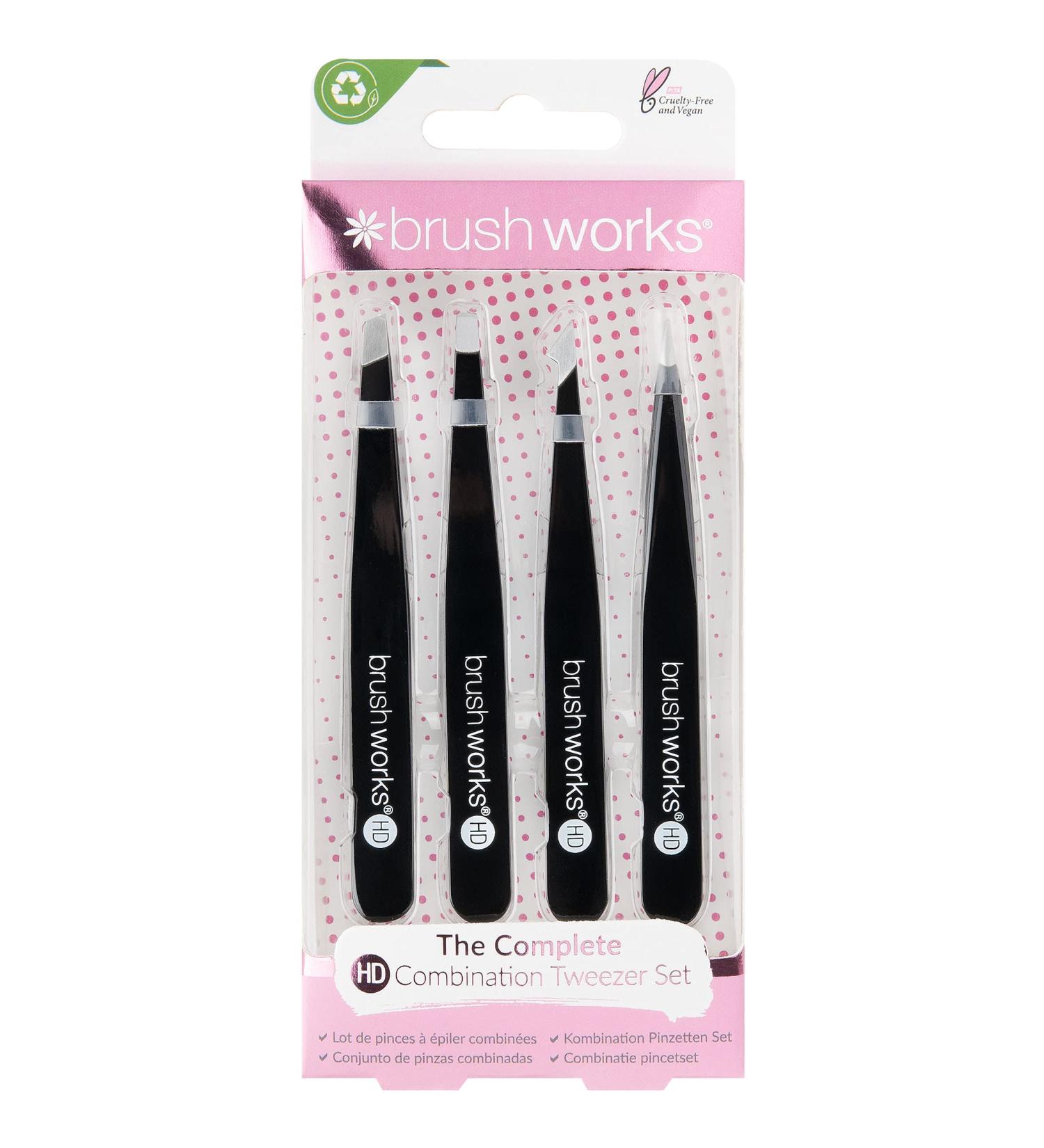 Brushworks HD 4 Piece Combination Tweezer Set - Black | Precision Eyebrow Grooming Kit - Buy Online on SooperMarket.com